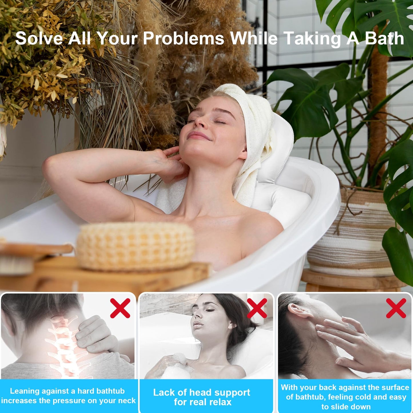 Full Body Bath Pillow, Luxury Bath Cushion with 192 Suction Cups, Bath Pillows for Tub for Head and Neck Support, with Laundry Bag White, 51" x 16"