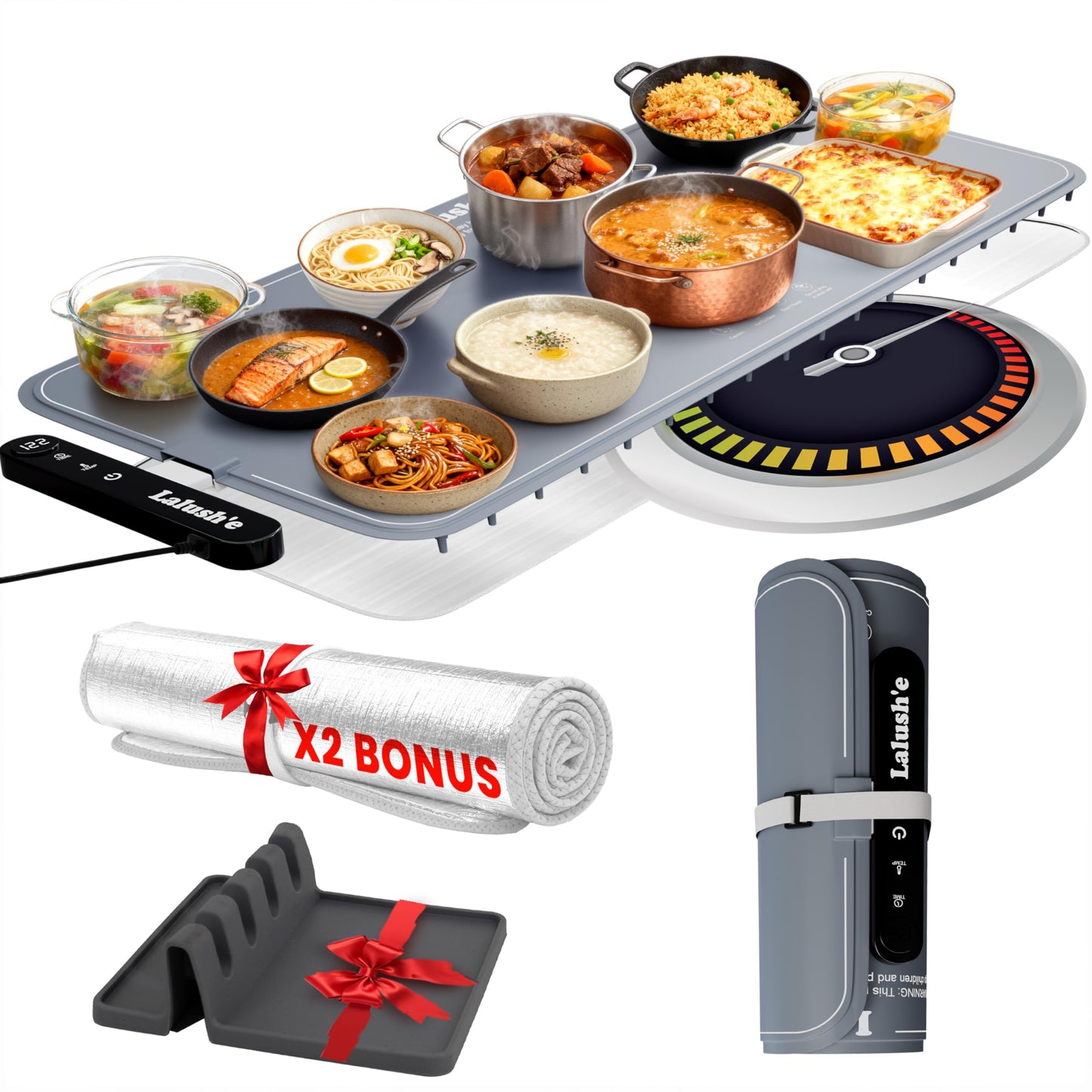 Lalush'e Electric Food Warming Mat, XXL 36x15" - Portable Food Warmer for Parties, Hosting & Buffet Serving Foldable Graphene Heating Tray with 7 Temp Settings, Spoon Rest and Travel Isolation Pad