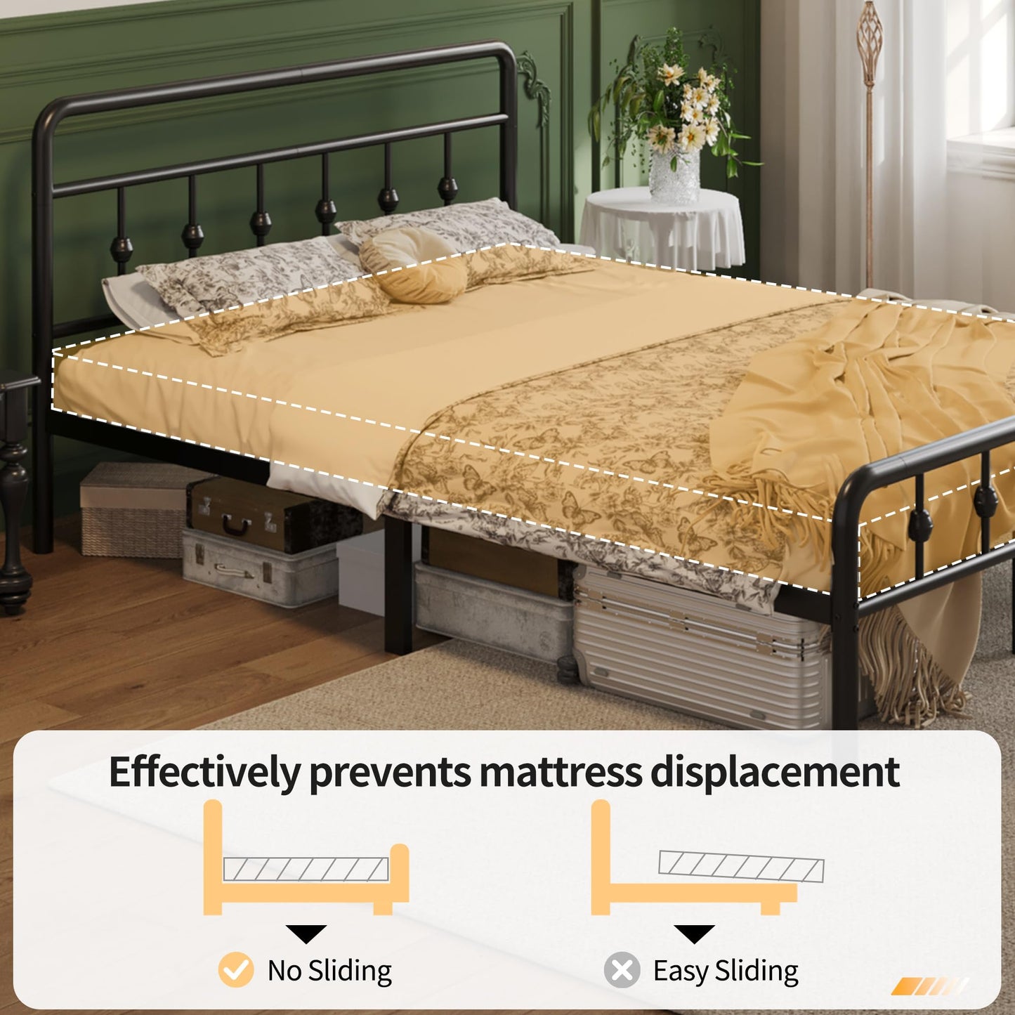 Lutown-Teen 12 Inch Twin Bed Frames with Victorian Vintage Headboard and Footboard, No Box Spring Needed, Heavy Duty Metal Mattress Foundation, Noise Free, Easy Assembly, Black