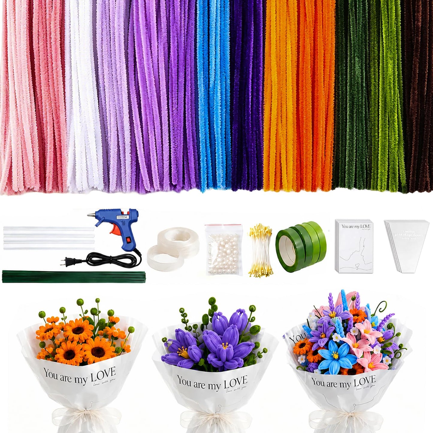 800 Pcs Pipe Cleaners for Crafts,Ultimate DIY Flower Making Kit, Includes Chenille Stems, Stamen, Floral Tape, Ribbon & Craft Wire, Perfect for Bouquet, Home Decoration or Handmade