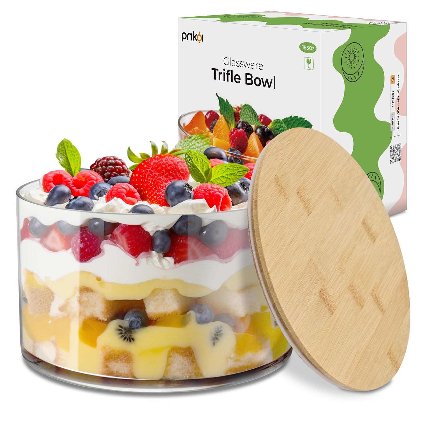 Prikoi 155oz Large Trifle Bowl with Lid, Modern Design Clear Glass for Salads, Dessert, Fruit, and Party Displays, 2025 Thickened Version