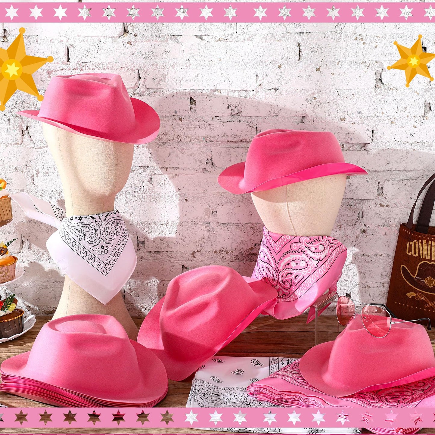48 Pack Cowboy Hat and Bandana Set, Cowgirl Hats for Boys Girls Felt Cowboy Party Hat Cowboy Western Bandanas for Party(Pink, White)