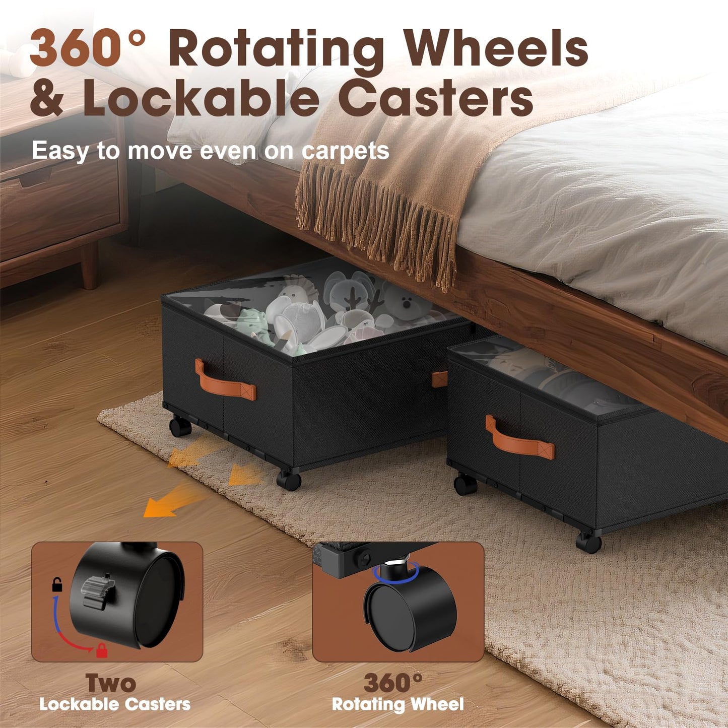 Eastherry Under Bed Storage Containers with Wheels, 9.5 inches Higher Underbed Shoes Blankets Clothes Toy Storage Drawers for College Dorms Bedrooms Nursery Rooms Organization, 2 Pack to be Assembled