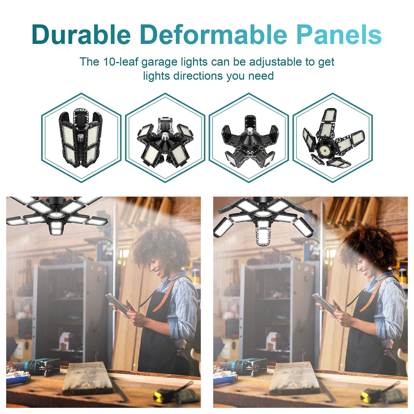 Nexillumi 4-Pack Led Garage Light 180W, 36000LM LED Shop Lights with E26/E27 Medium Base, 6000K Deformable Garage Lights Ceiling LED with 10+1 Adjustable Panels for Garage, Workshop, Attic, Basemen