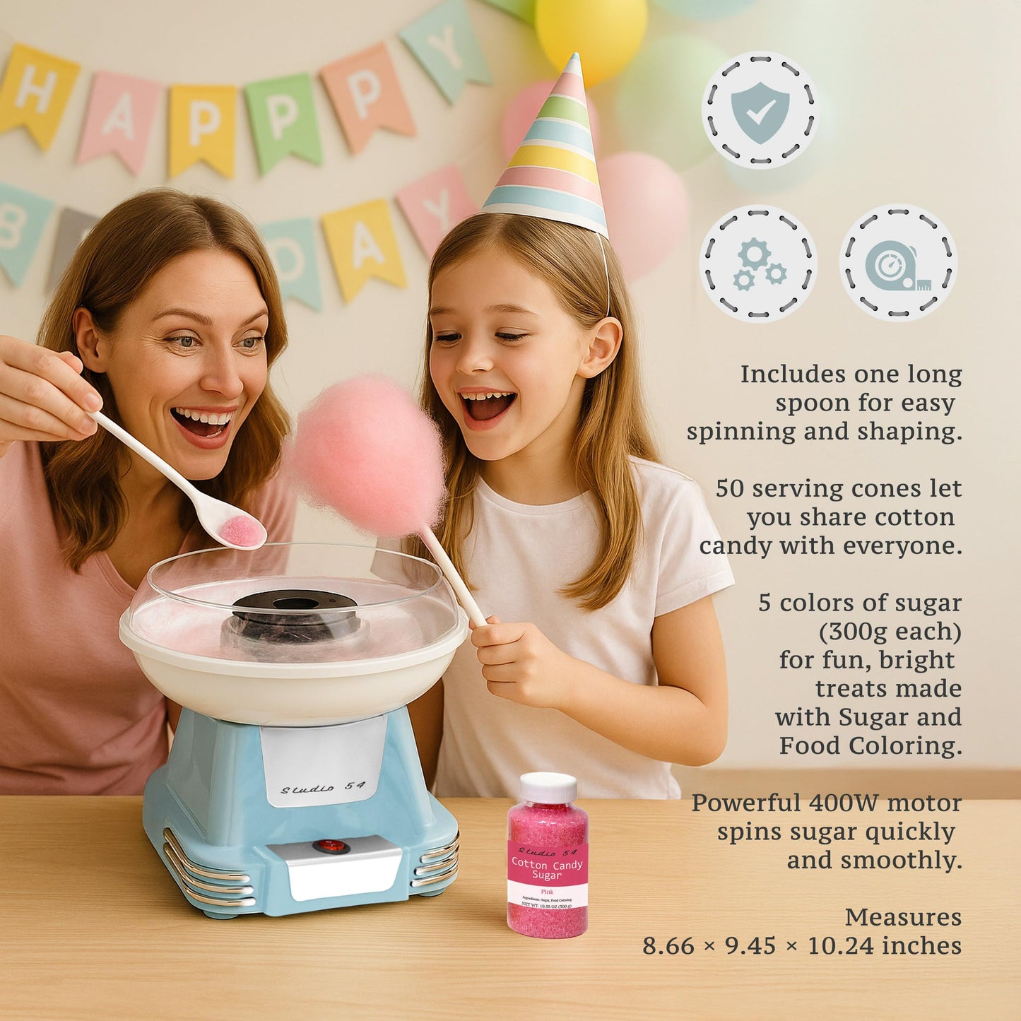 Studio 54 Retro Cotton Candy Machine with 5 Jars (11oz Each) Floss Sugar, 50 Paper Cones, Easy Cleanup Cotton Candy Maker, Durable Retro Design, Makes 20–30 Servings per Jar, BPA & Lead Free