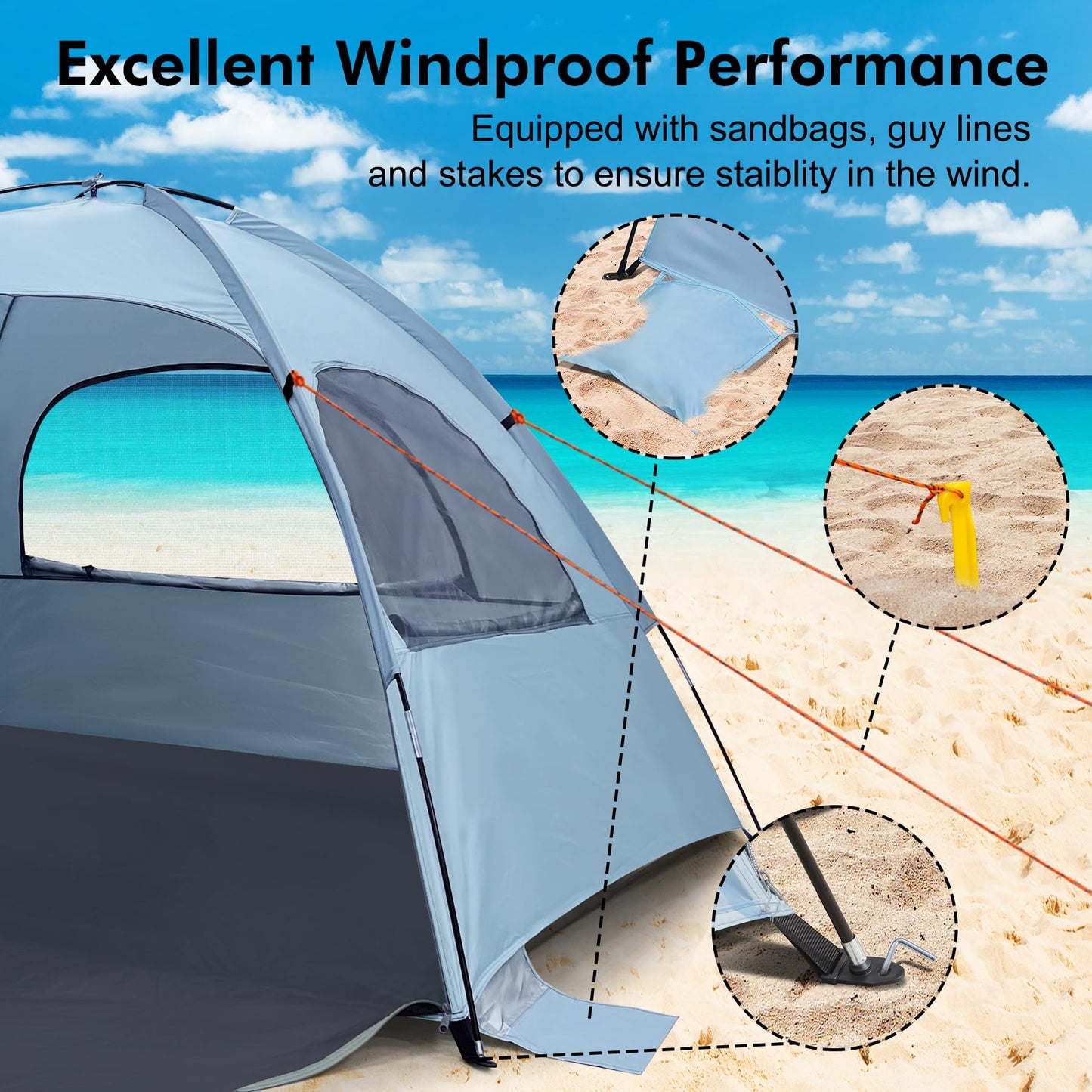 WhiteFang Beach Tent Anti-UV Portable Sun Shade Shelter for 3 Person, Extendable Floor with 3 Ventilating Mesh Windows Plus Carrying Bag, Stakes and Guy Lines (Sierra Blue)