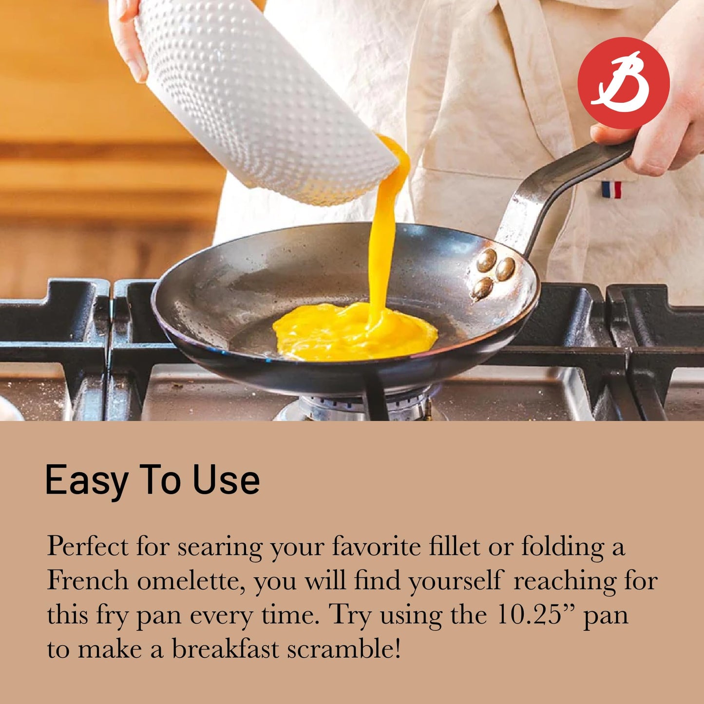 De Buyer MINERAL B Carbon Steel Omelette Pan - 8” Diameter, 6.9” Cooking Surface - PFAS, PFOA & PFOS Free - Made in France