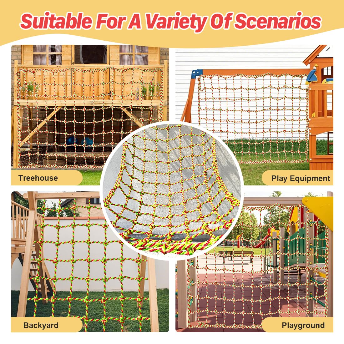LAKNUAL Climbing Net, 3.3ft X 6.6ft Polyester Climbing Cargo Net for Kids Outdoor, Heavy Duty Large Military Playground Equipment, Rope Ladder, Swingset, Indoor & Outdoor, Treehouse, Jungle Gyms