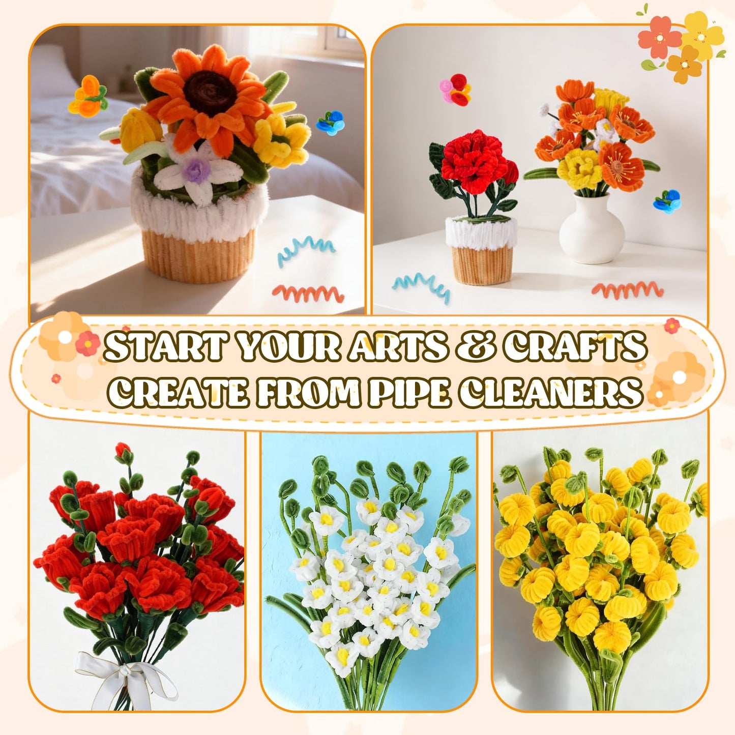 900PCS Pipe Cleaners Flower Kit, Pipe Cleaner Bulk Craft Flower Making Kit with Instruction, 8 Colors Thick Chenille Stems for Arts DIY Craft Supplies with Greeting Card, Floral Wires, Tape, Stamen