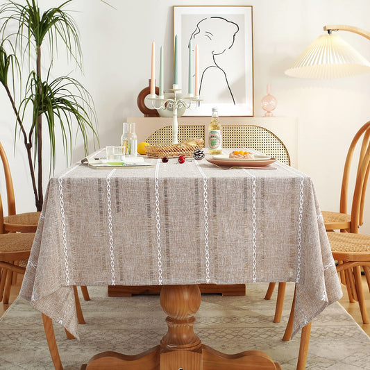 Chassic 60 x 104 inches Farmhouse Style Linen tablecloths, Wrinkle Resistant Washable Dining Room Table Cloths for 6 Foot Rectangle Tables - Hemstitch Light Coffee