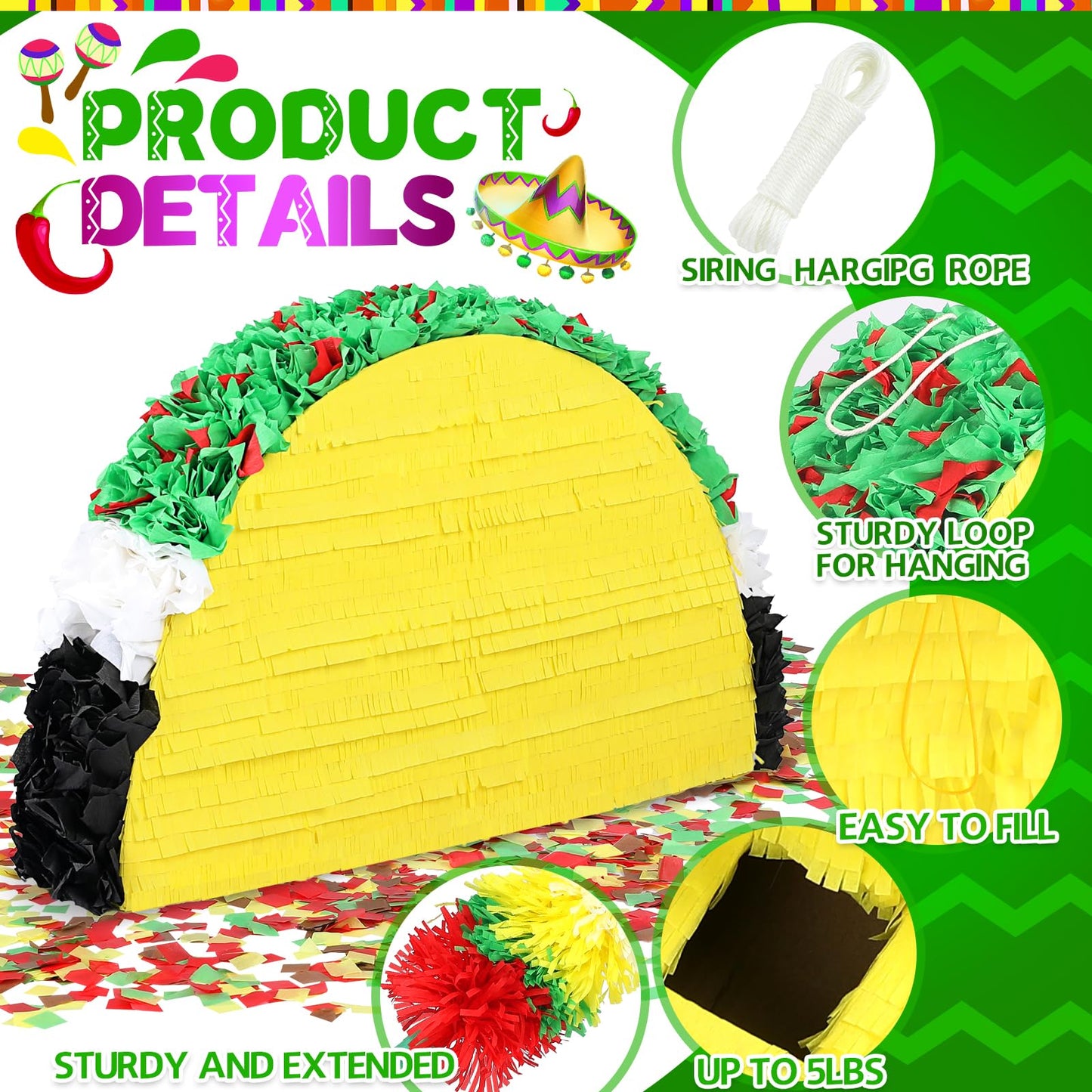 27" Large Taco Piñata for Birthday Party Decoration – Vibrant Cinco de Mayo, Taco Bout a Party, Mexican Theme Bash Taco Tuesday