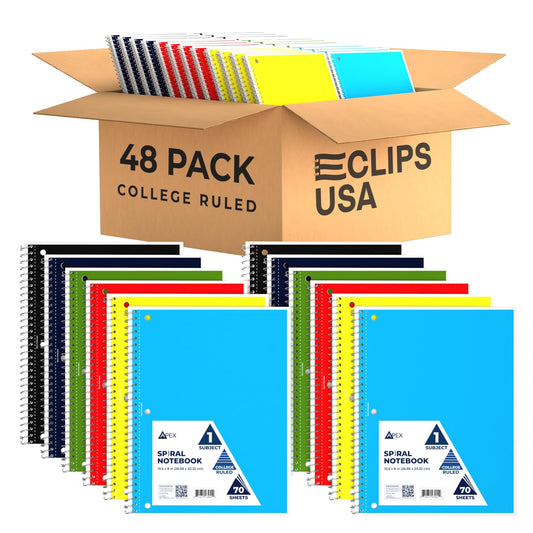 E-CLIPS USA College Ruled Spiral Notebooks Bulk Spiral Bound Notebooks for Work 1 Subject Notebook 6 Color Assortment 3 Hole Perforated 70 Sheets 140 pages 10.5" x 8" (48 pack)