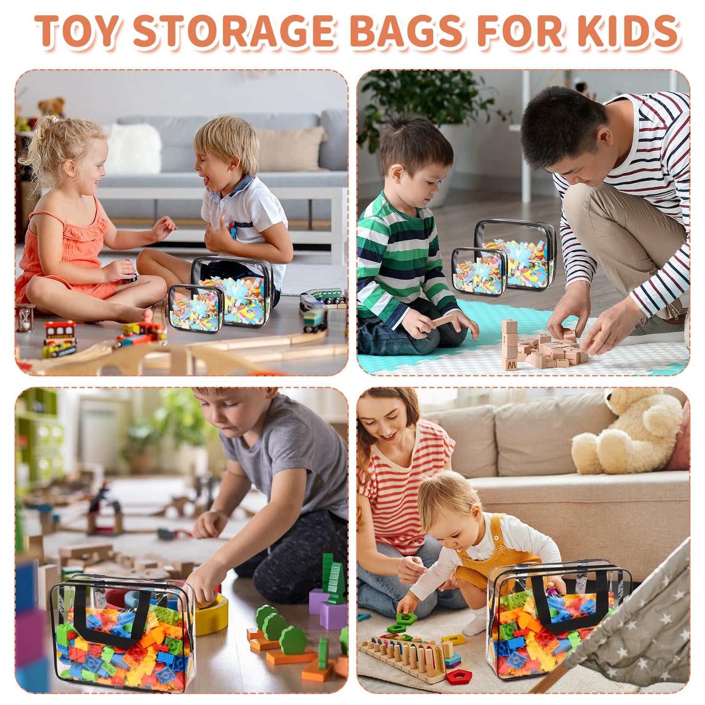 18 Packs Toy Storage Bags with Labels, Clear PVC Puzzle Storage Bags, Waterproof Travel Toy Organizer Bags with Zipper for Building Blocks Kids Books (3 Size)