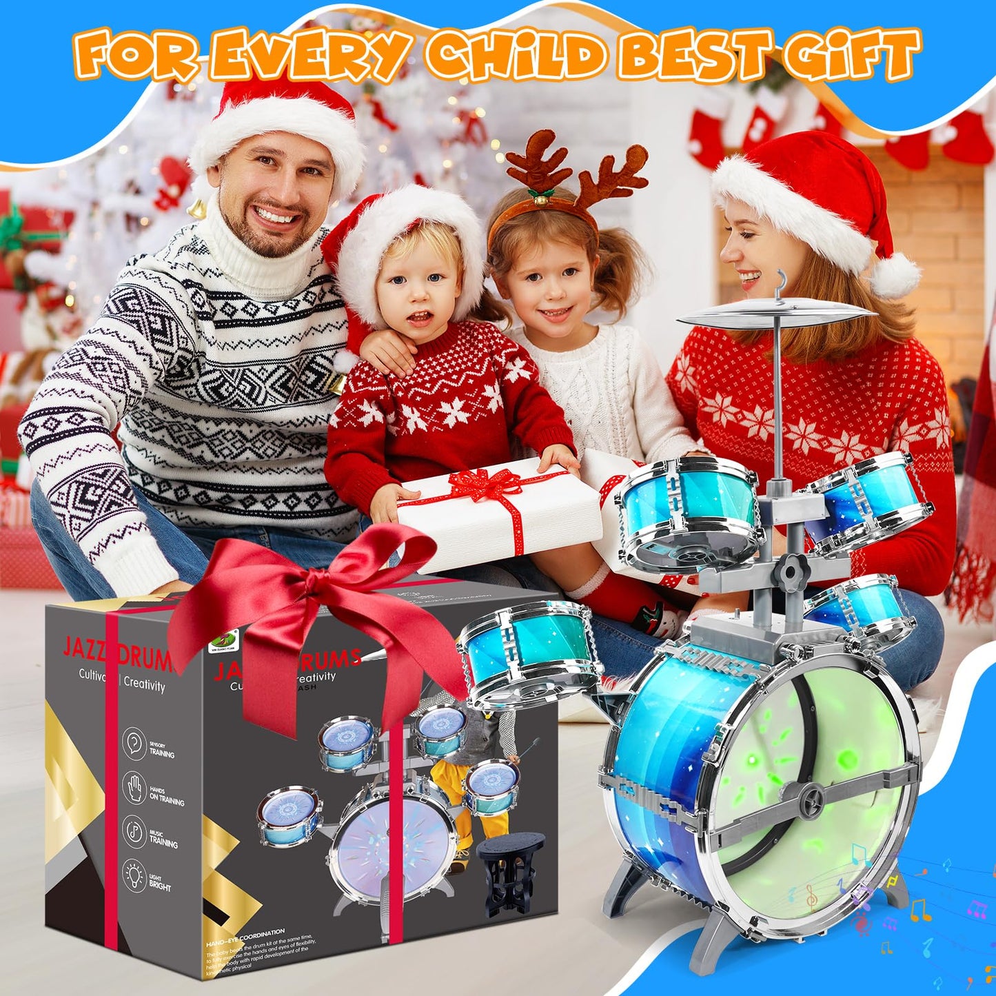 LeeQee Drum Set for Kids 1-3, Jazz Drumset for Toddler 3-5 Vibrant Aurora Light with 5 Pcs High Drums, Musical Instruments Toy for Age 5-7 Year Old Boys Girls