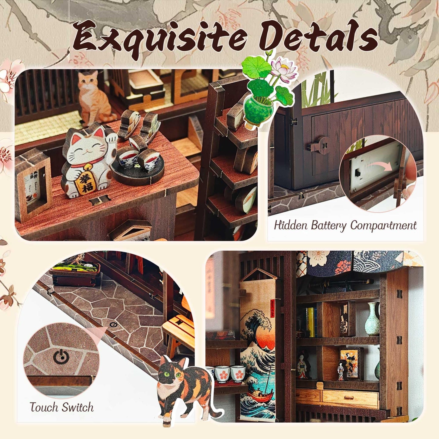 Lynnuo DIY Book Nook Kit, Sakura Tea Pavilion 3D Wooden Puzzle with LED Light, Japanese Miniature House Kit for Adults & Beginners, Bookshelf Insert Decor Creative Gifts (220 PCS, 3-Hour Build)