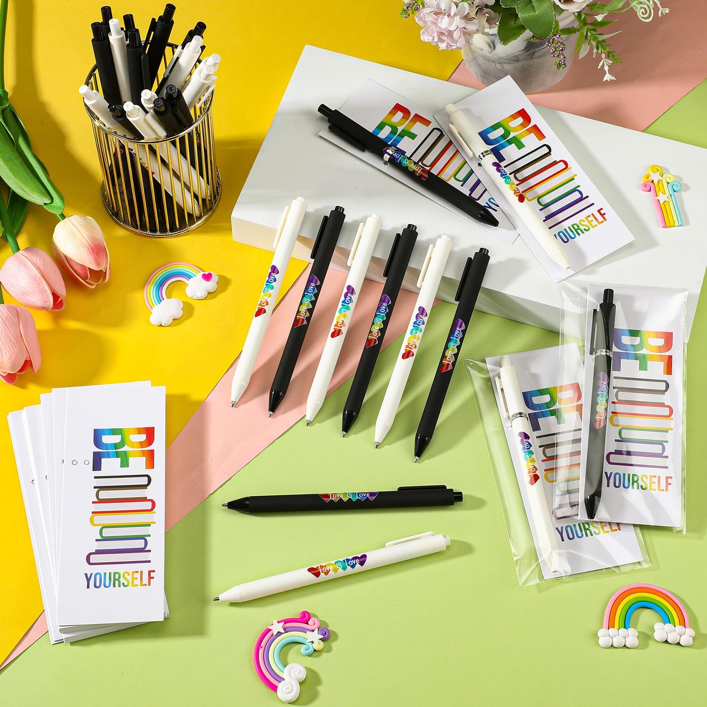 Spakon 300 Sets Rainbow Gay Pride Gift Include Retractable Writing Ballpoint Pen Paper LGBT Greeting Cards OPP Bags for Lesbian Pride Month Love Is Love Anniversaries Women Men Office Supplies