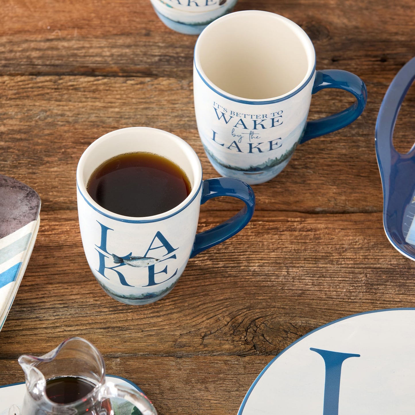 Wake at the Lake 14-Ounce JUMBO Mugs, Set of 4, Lakeside-Inspired Designs with Oars & Water Scenes, Durable Ceramic, Dishwasher & Microwave Safe, Cozy Coffee & Tea Cups for Everyday Use