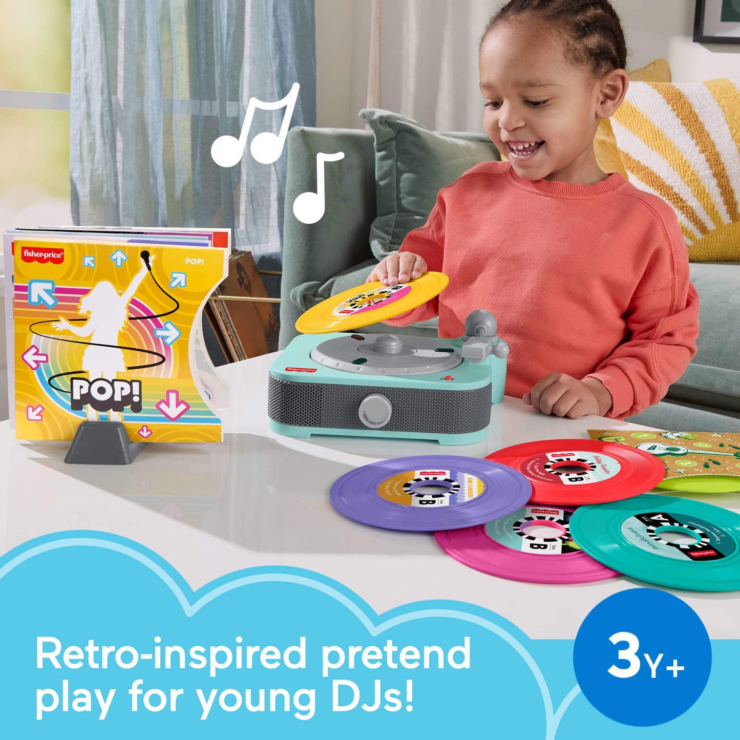 Fisher-Price Musical Toy Deluxe Rockin’ Record Player Pretend Turntable with 6 Albums for Preschool Play Kids Ages 3+ Years