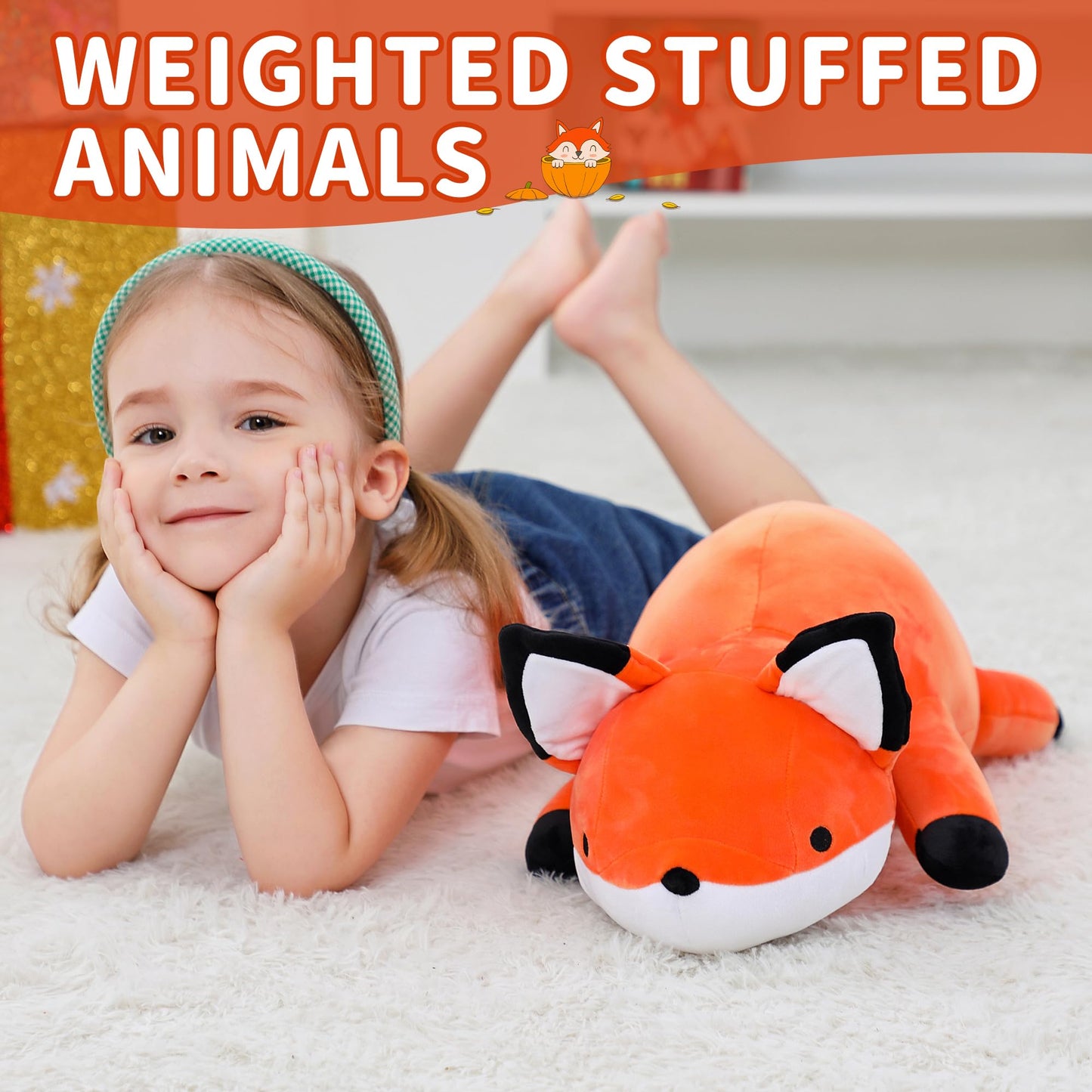 WeBingo Weighted Stuffed Animals, 24" Weighted Fox Plush Toy 4.2 Lb Soft Pillow Cute Giant Plushie Gifts for Kids & Adults(Fox)