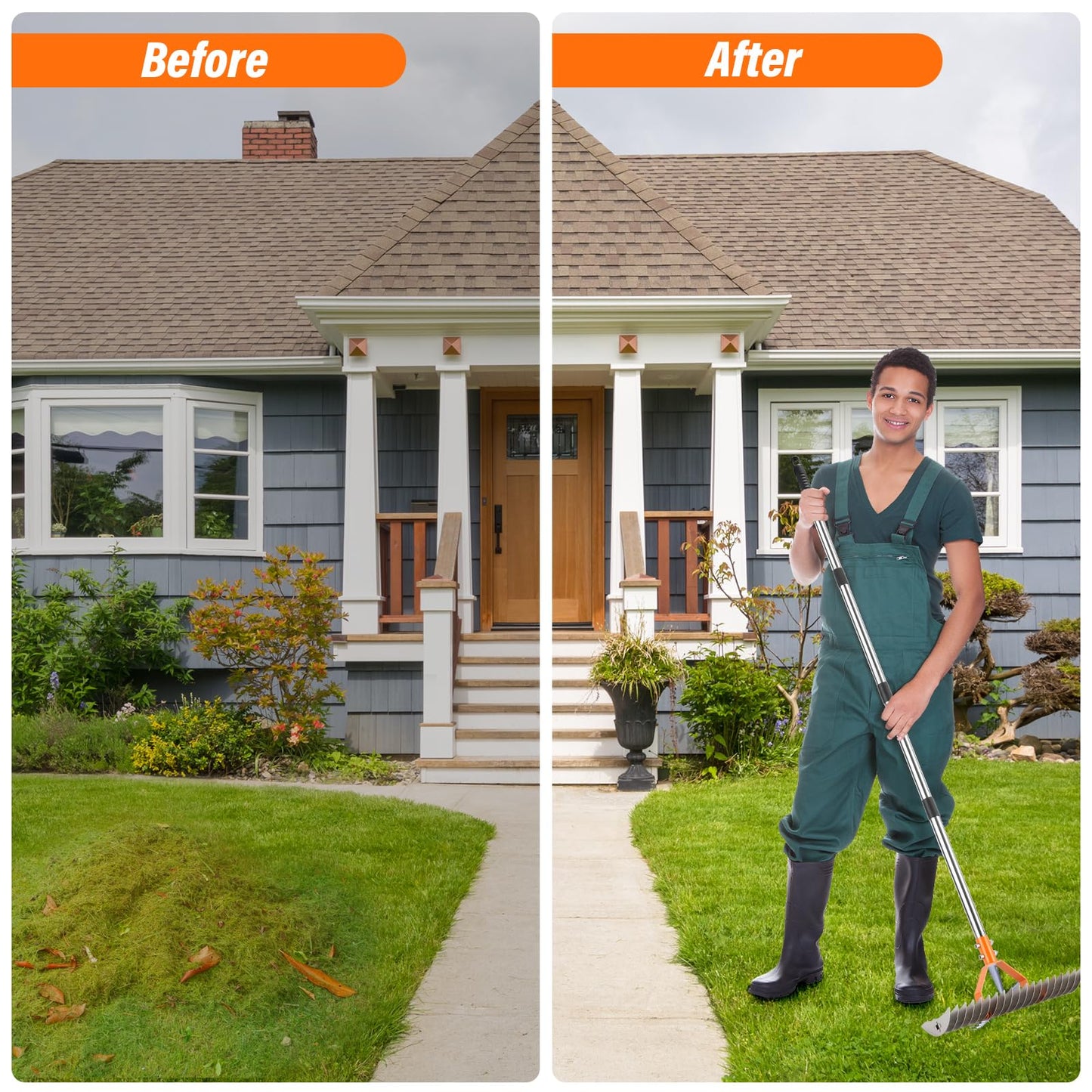 62" Thatch Rake, 19 Double-Sided Tines, 15-Inch Wide Lawn Rake, Adjustable Handle Garden Rake for Dethatching, Gardening, Yard Work, Heavy Duty Dethatcher Rake and Rock Rake