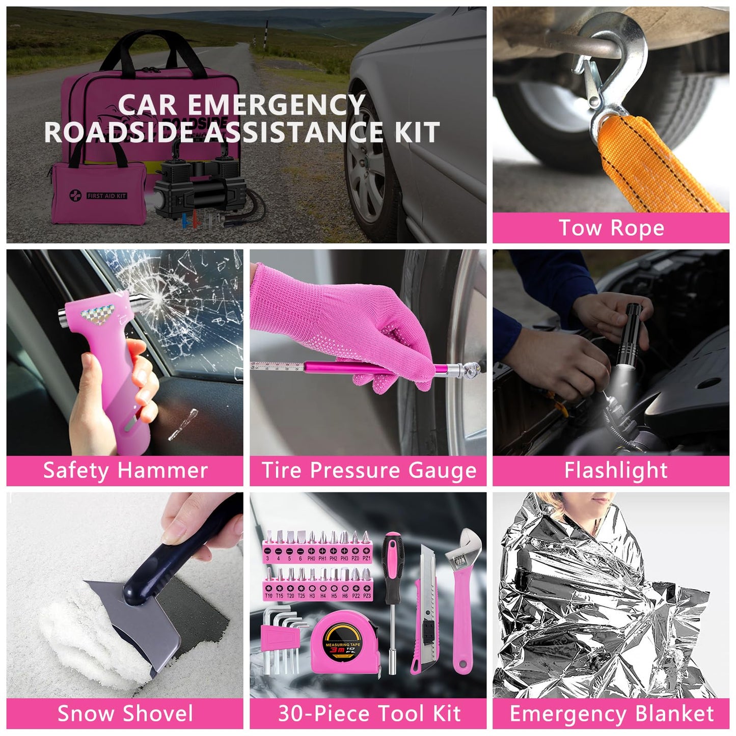 HLWDFLZ Car Emergency Kit with Portable Air Compressor - Roadside Assistance Emergency Kit with Jumper Cables, First Aid Kit, Auto Tool Set, Winter Safety Kit for Women, Men, Teen (Pink)