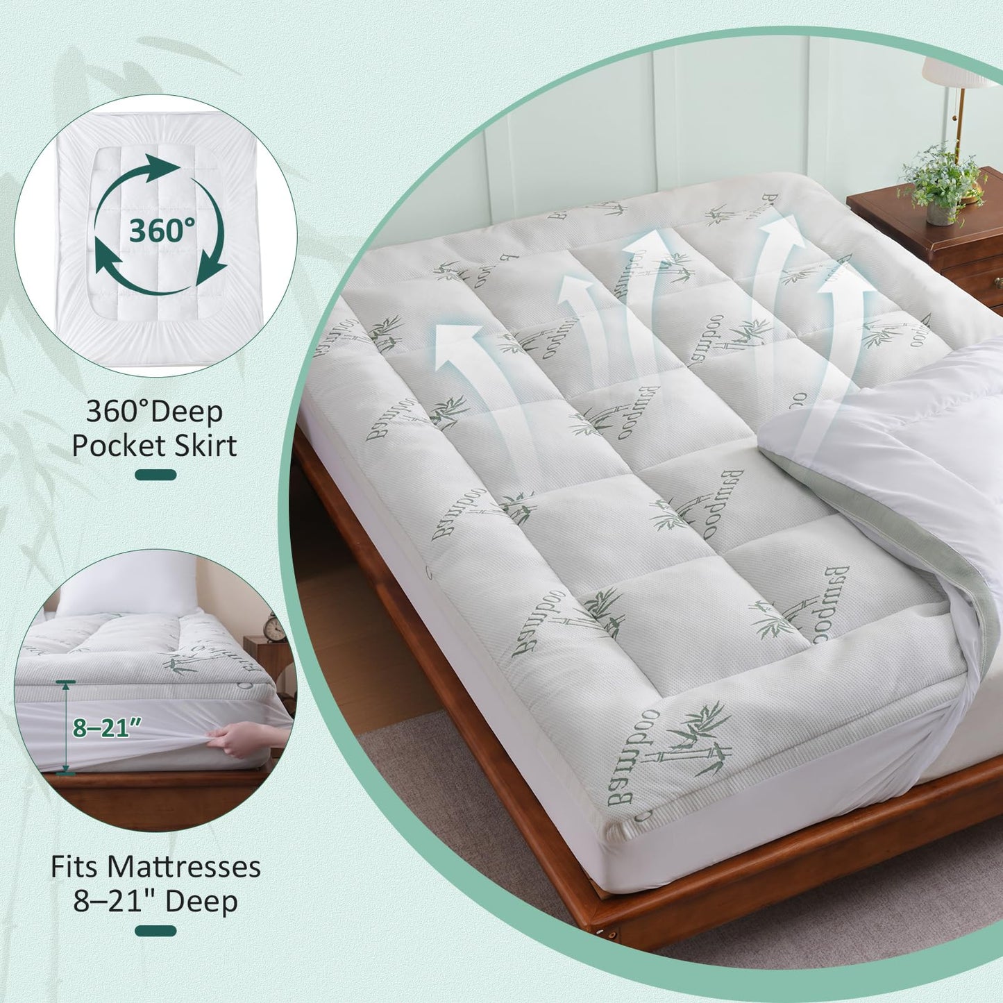 Memory Foam Mattress Topper Queen, Cooling Pillow Top Mattress Pad with Viscose Derived from Bamboo