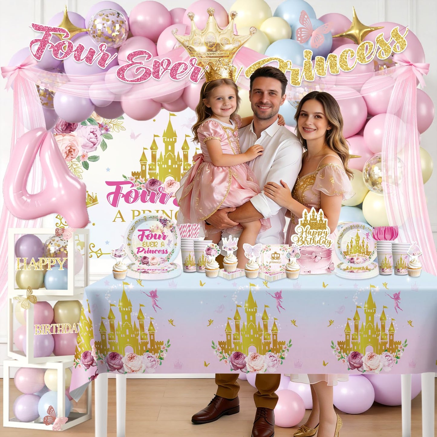 293 Pcs Four Ever a Princess Birthday Decorations, Princess Party Decorations Set Serves 25 - Banner, Balloon Arch Kit, Tableware, Cake Toppers, Backdrop for 4th birthday decorations girl