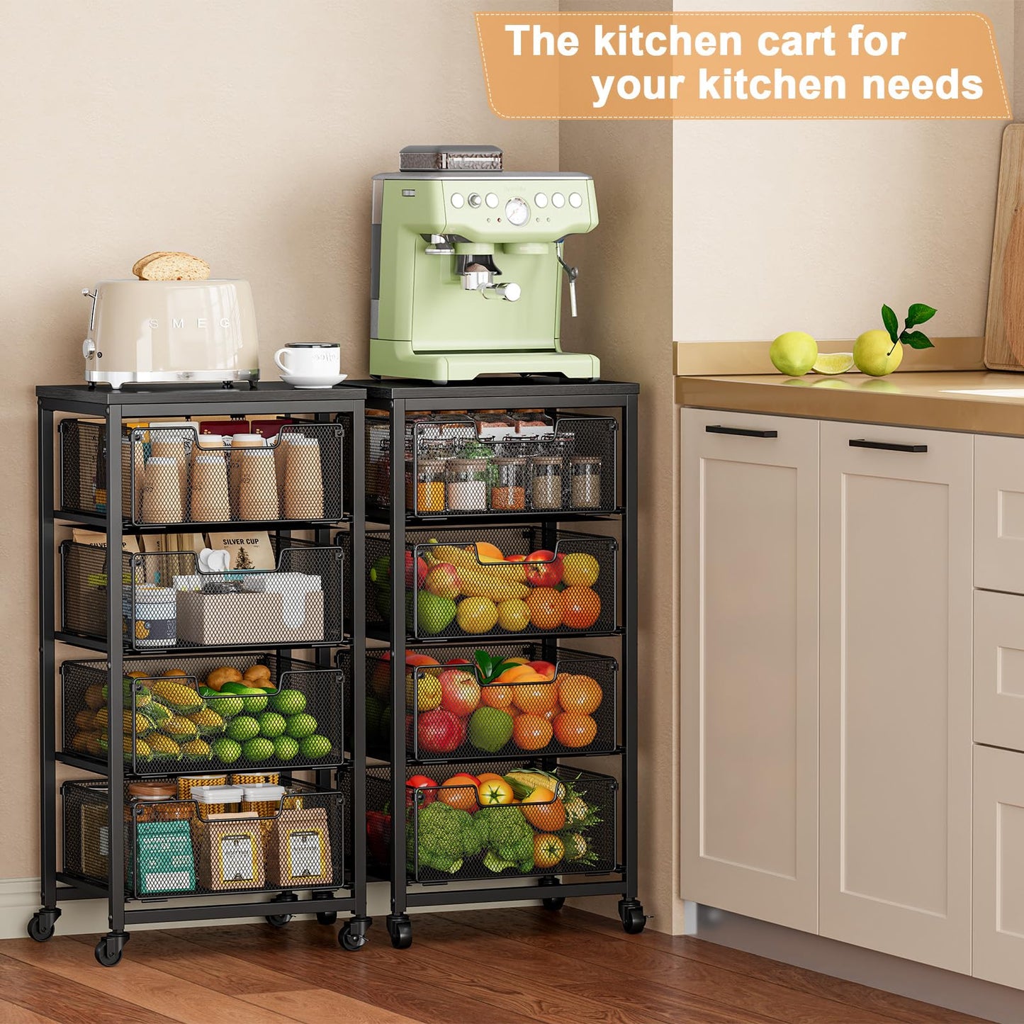 4-Tier Fruit Vegetable Storage Cart - Kitchen Organizer and Storage Cart with Wheels, Wooden Top Metal Wire Fruit Vegetable Rack Stand with Drawers to Storage Cans Snacks for Kitchen(Patent Pending)