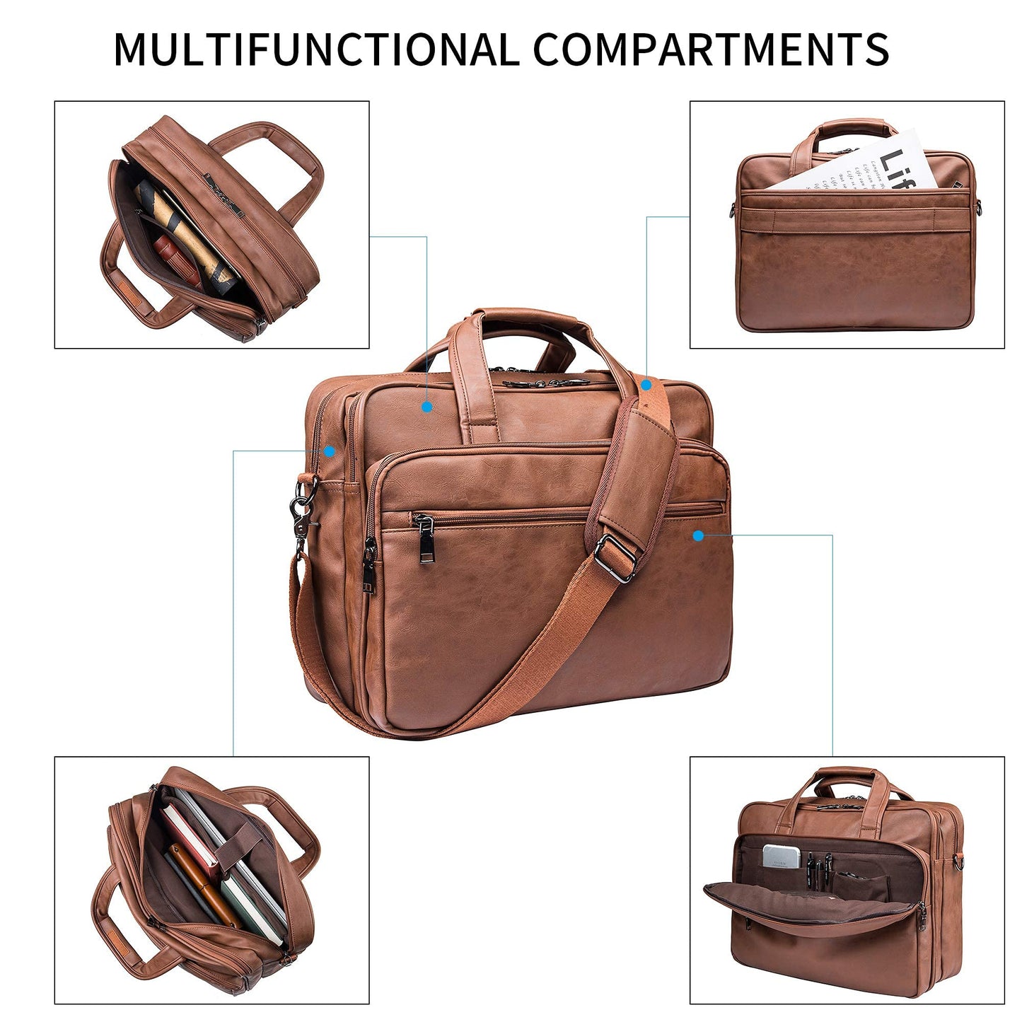 Seyfocnia Men's 17.3 Inches Laptop Bag, Brown Faux Leather Briefcase