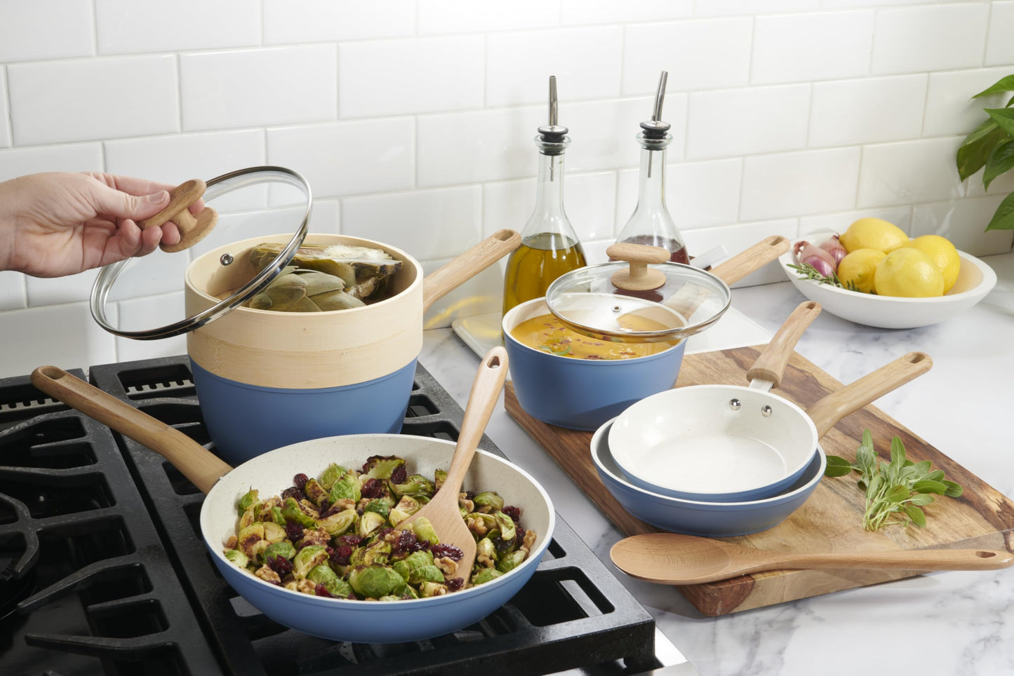 GoodCook 10-Piece Healthy Ceramic Titanium-Infused Cookware Set, Light Blue – Pots, Pans, Steamer, Spoon & Turner – Induction Cookware, Kitchen Pots & Pans Set, Nonstick Cooking Pan Set