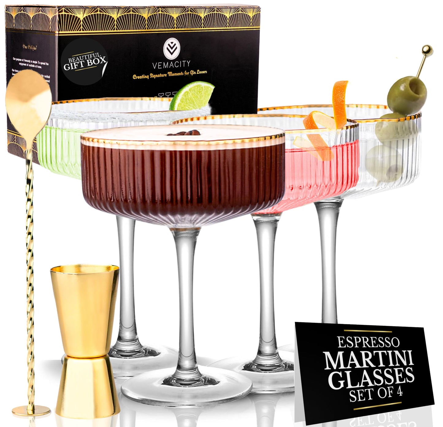 VEMACITY Ribbed Espresso Martini Glasses set of 4 with Gold Rims & Bar Tools | Beautiful Ribbed Coupe Glasses Set of 4 (10oz) | Versatile Champagne, Cosmopolitan, Margarita, Coupe Martini Glassware