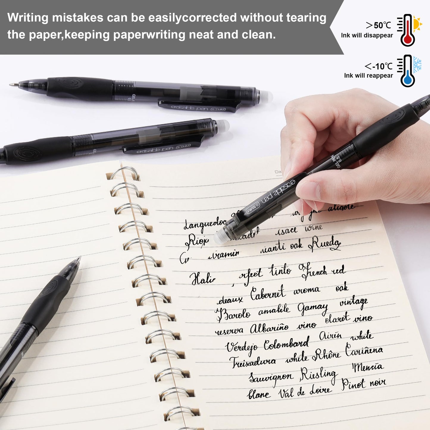 USUAL 54 Black Retractable Erasable Gel Pens Clicker, Fine Point(0.5mm), Make Mistakes Disappear, Premium Comfort Grip, Black Ink for Planners,Smooth Writing Pen Office Back-to-School Supplies