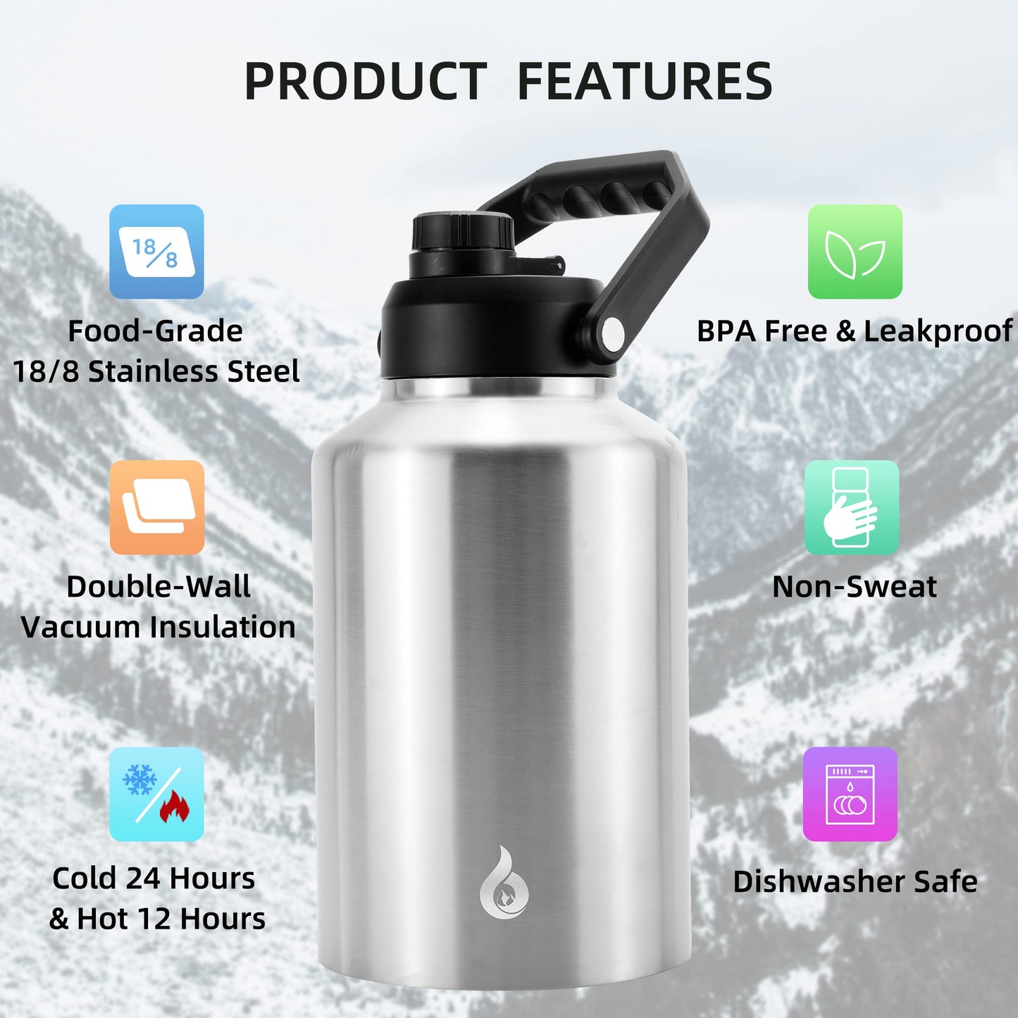 BJPKPK One Gallon(128 oz) Insulated Water Bottle, Dishwasher Safe Stainless Steel Jug, BPA Free Jug with Ergonomic Handle & Anti-slip Bottom, Large Water Bottle,Stainless Steel