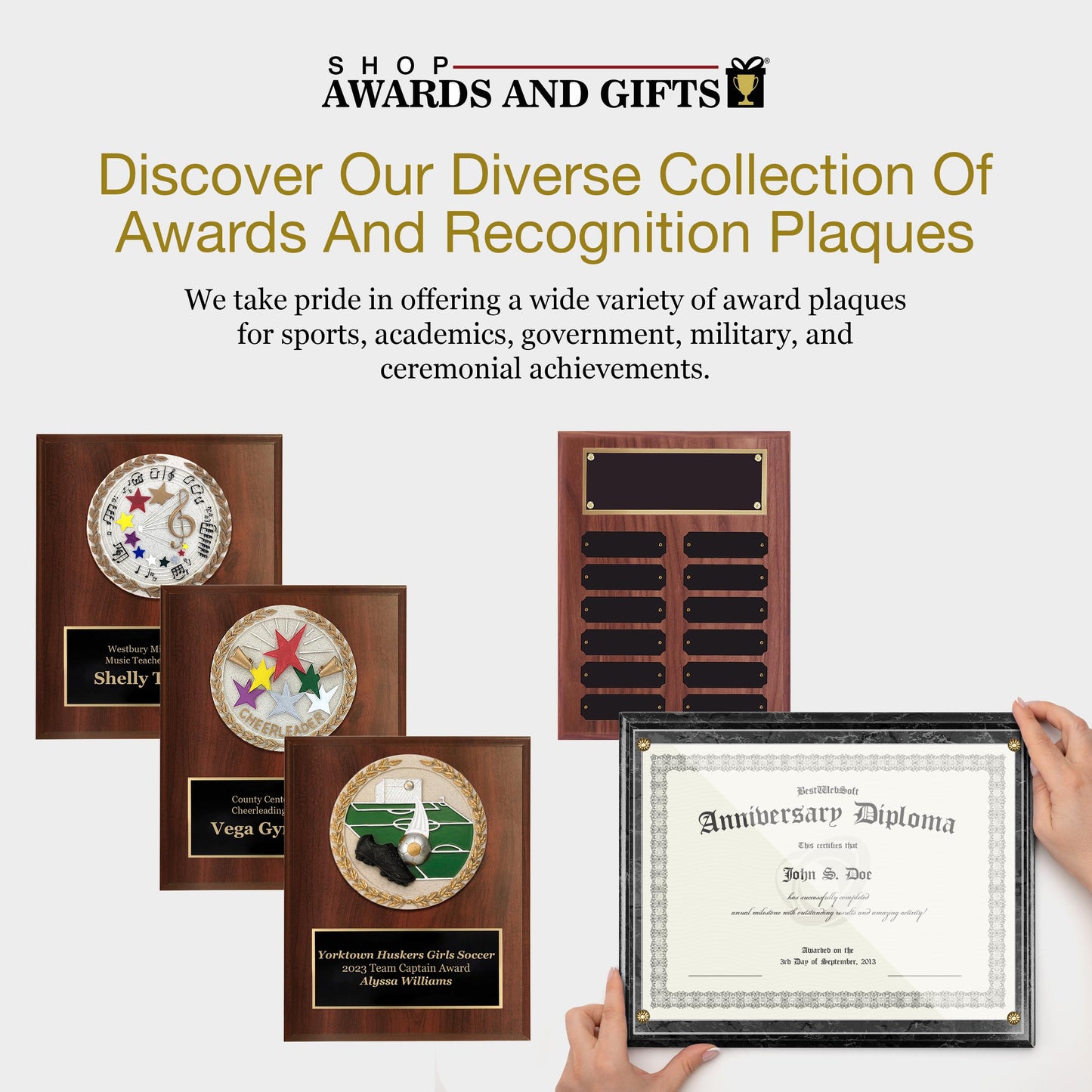 SHOP AWARDS AND GIFTS 9 x 12 Inch Perpetual Plaque Award Multiple Name Plate Board for Employee Appreciation, Recognition, Achievement, Walnut Finish with Black and Gold Header, 12 Name Plates