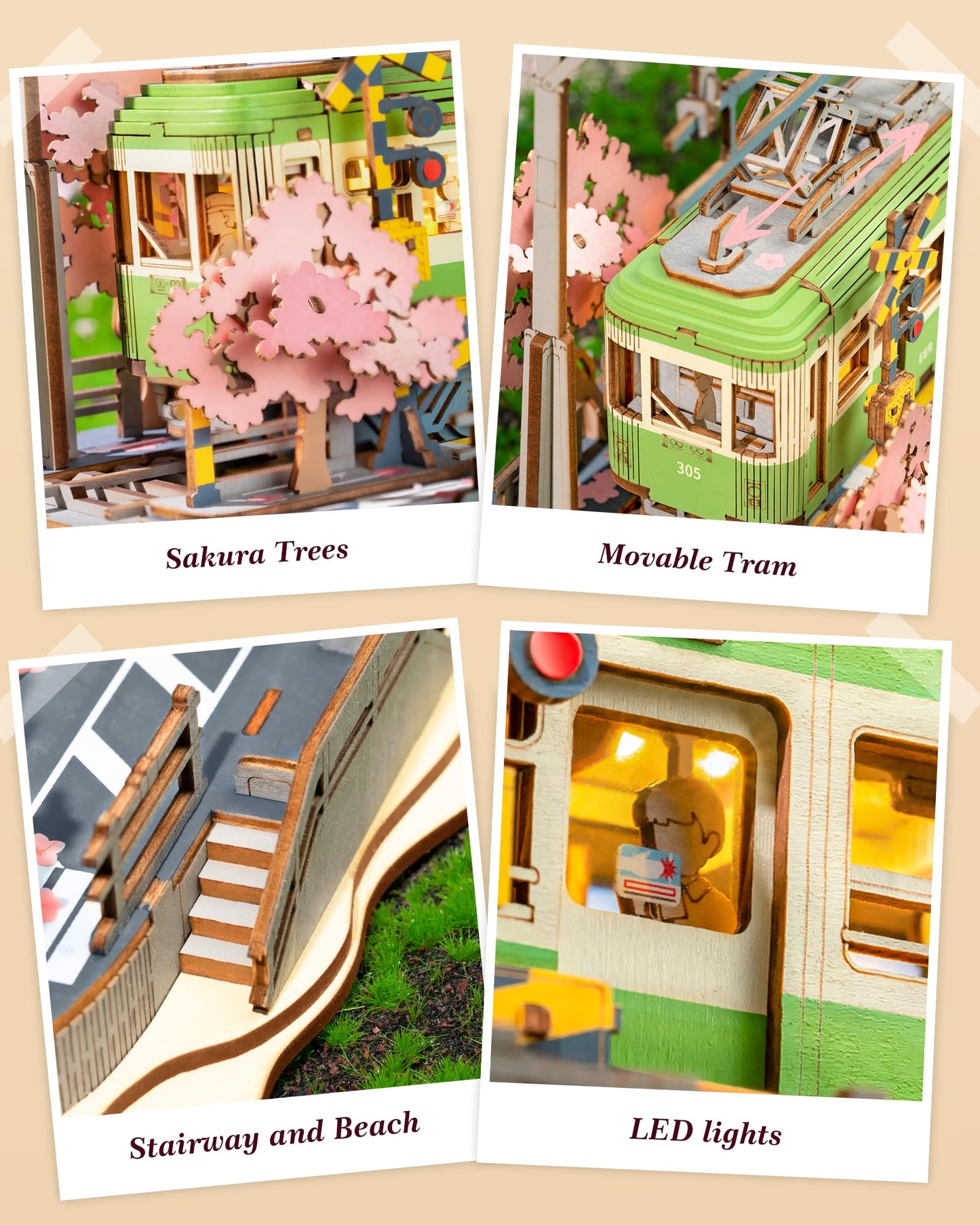 ROBOTIME 3D Puzzles for Adults DIY Model Building Toy with LED Light Wooden Craft Kits Diorama Tram Hobby for Brain Teaser Gift (Sakura Journey)
