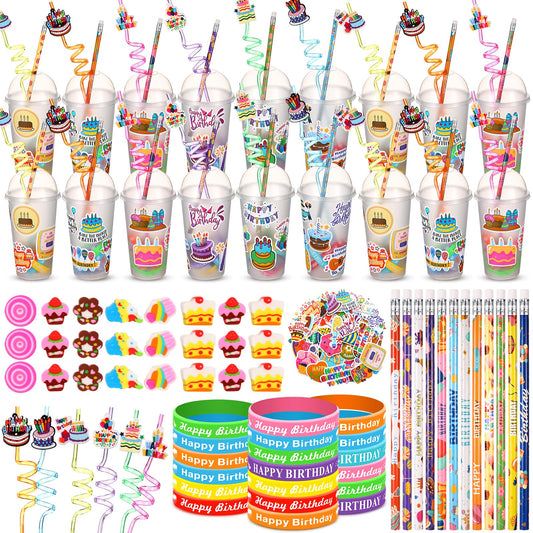 Baderke 24 Sets Birthday Gifts Party Favors Set Include Reusable Cups with Dome Lids Straw Decoration Pencil Heart Eraser Silicone Bracelet Stickers (Style A)