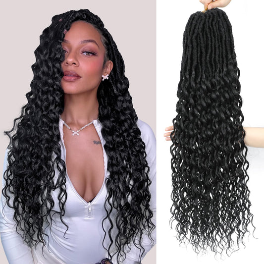 Crochet Hair for Women with Curly Ends 30 Inch Goddess Locs Crochet Hair Deep Soft Faux Locs Crochet Braids Pre Looped Curly Wavy Dreadlock Extensions 8 Packs 1B