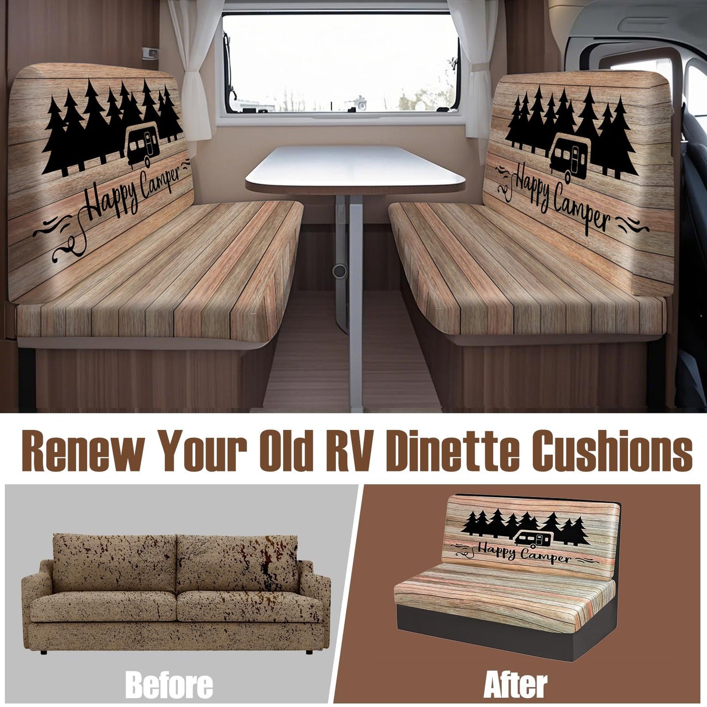 BBSET 6pcs Rv Dinette Cushion Covers Stretch Washable Rv Cushion Slipcove Replacement for Camper Car Bench, 2 Pillowcase, 2 Backrest and 2 Bench Covers (Brown Wooden)