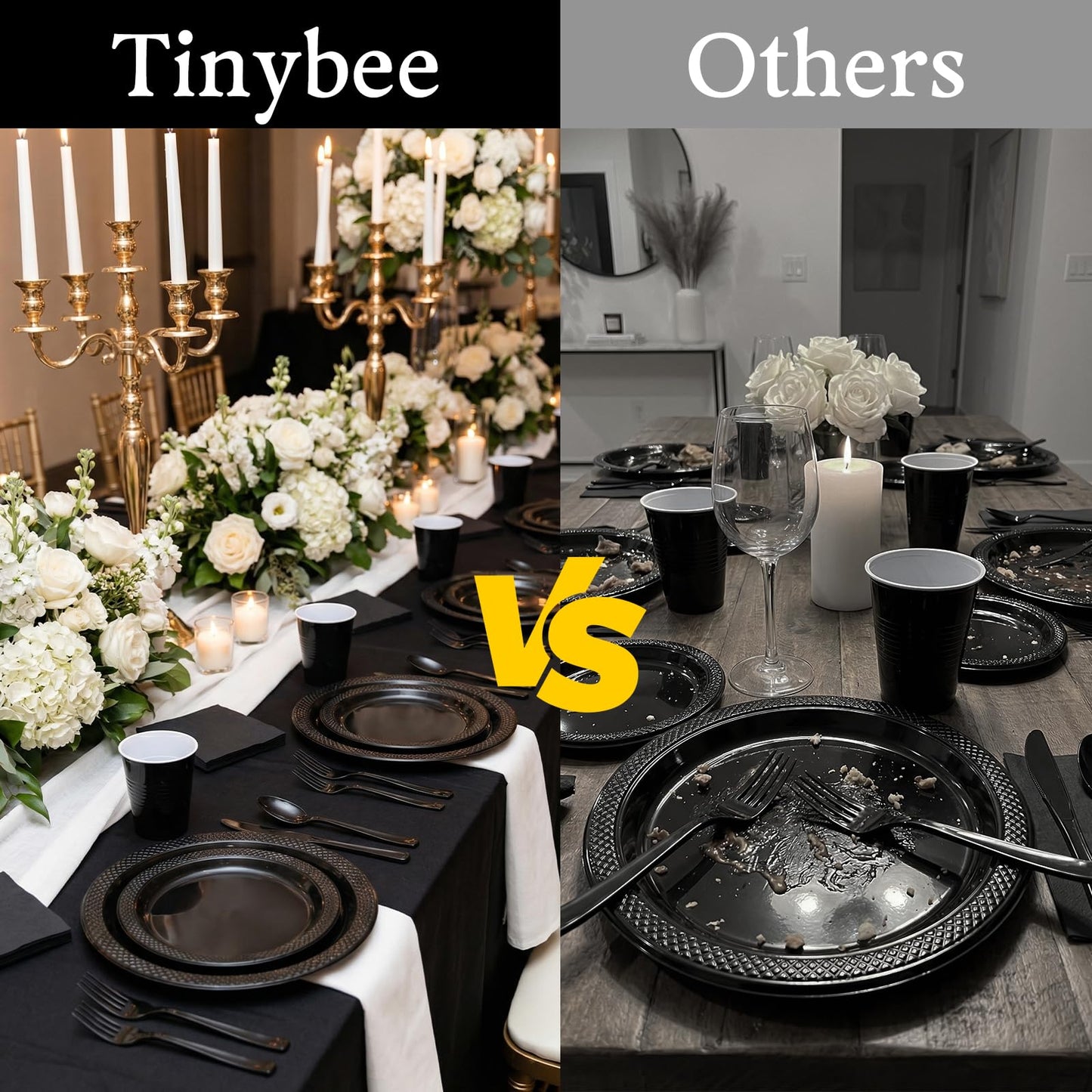 352 Pcs Black Plastic Plates Party Set, 50 Guests Disposable Dinnerware Set with Black Tablecloths, Elegant Black Plastic Plates Party Set for Wedding/Corporate Event/Formal Dinner/Gala