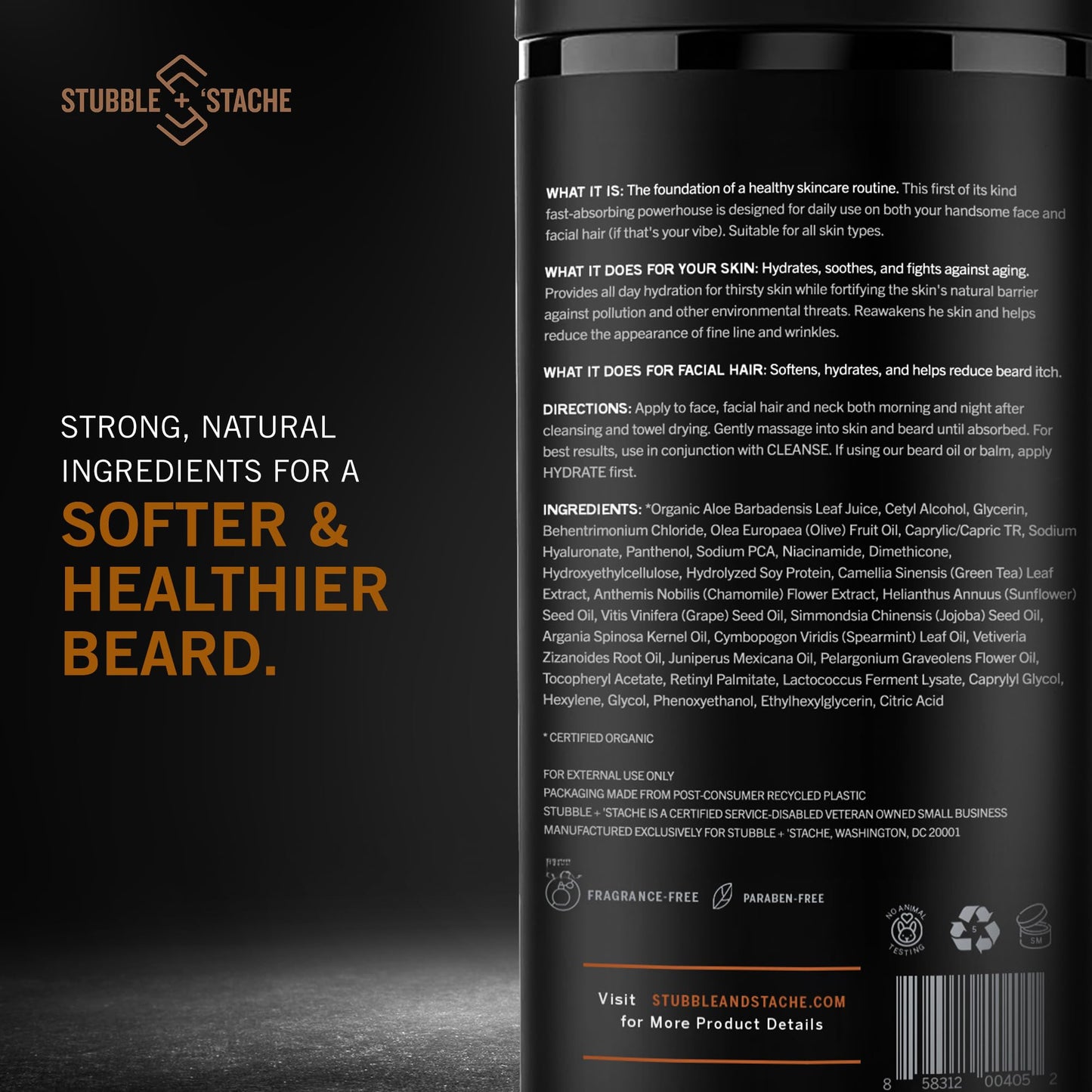 stubble & stache Beard & Face Moisturizer for Men - Hydrating Lotion with Hyaluronic Acid, Niacinamide, Argan Oil, Aloe Vera, Jojoba Oil, & Vitamin A for Dry Skin & Beard Conditioning - 3.4 fl oz