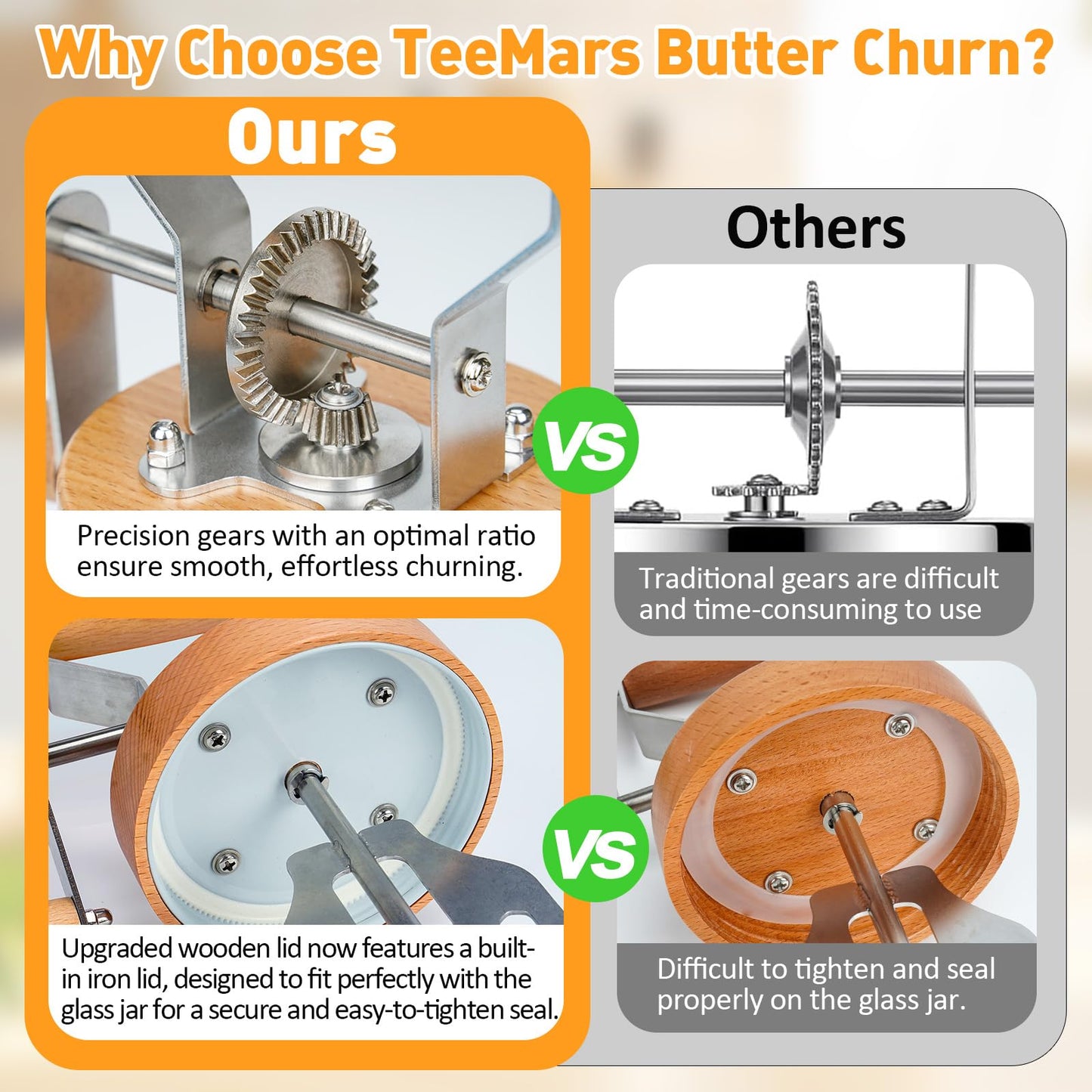TeeMars Butter Churner - Upgraded Hand Crank Mason Jar Butter Churn, 34oz Butter Churn Kit with 14 Recipe, Butter Paddle, Butter Mold with Lid, Cheese Cloth, Anti-slip Mat, Homemade Butter in 15Min