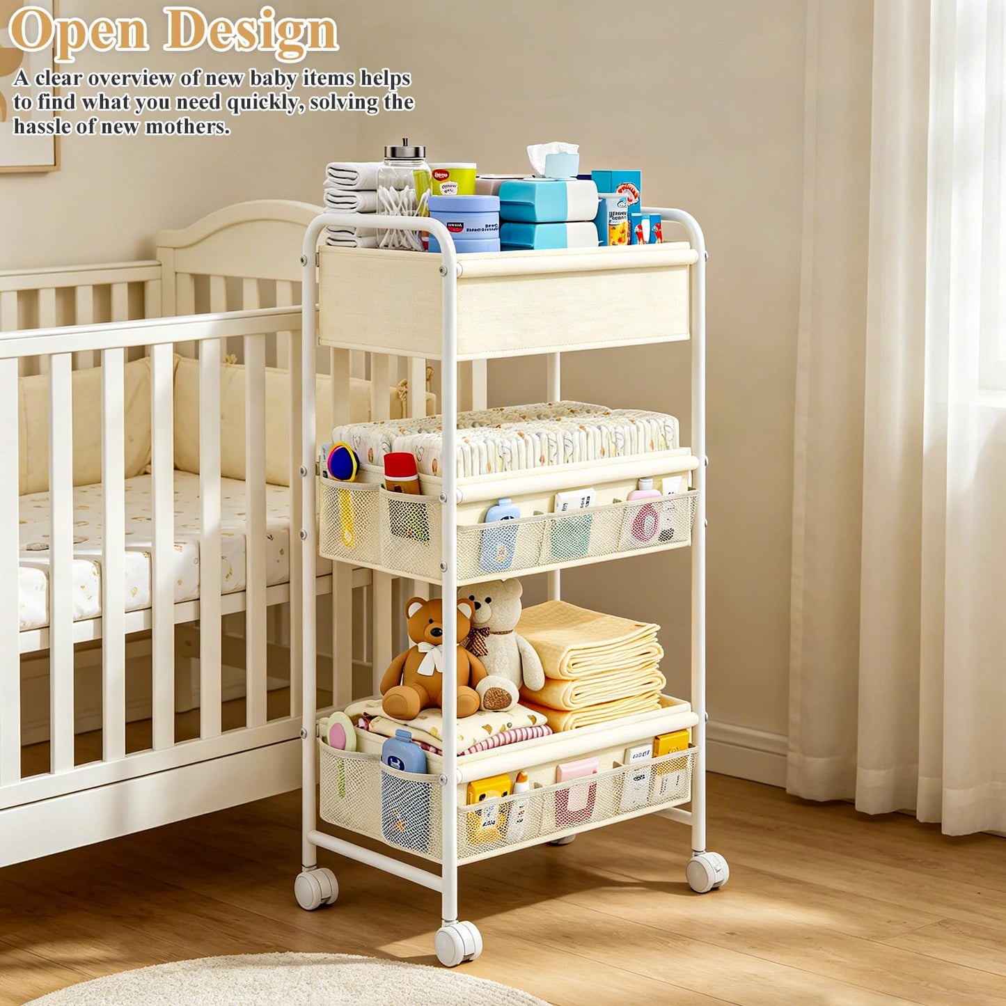 3-Tier Baby Diaper Caddy Cart Organizer,Mobile Nursery Storage Carts with Wheels,With 2 Dividers&14 Mesh Pockets Durable Metal Utility Cart for Nursery, Bedroom, Bathroom, Baby Essentials Organization