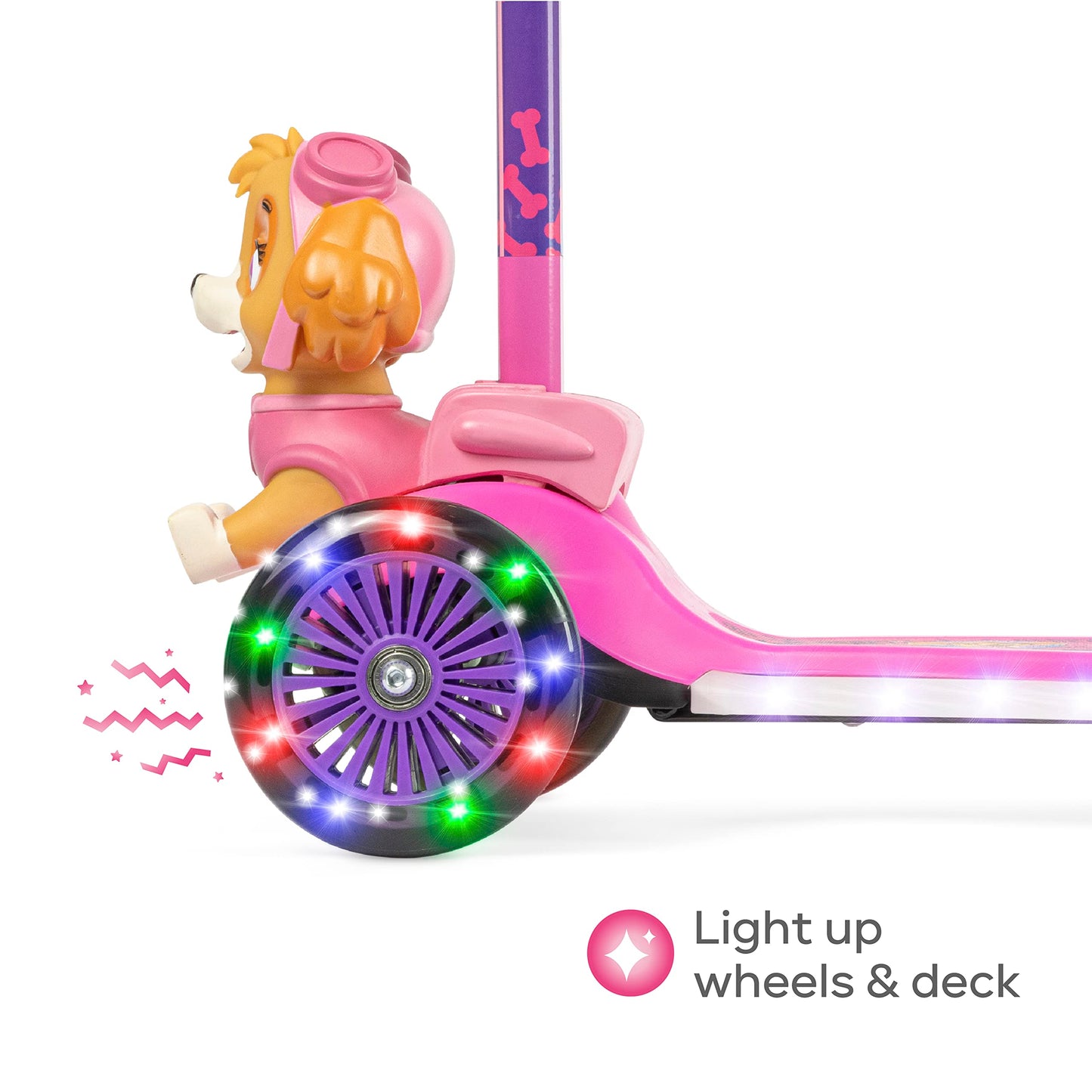 Paw Patrol Skye Kick Scooter for Kids, Self-Balancing 3 Wheeled Light Up Scooter with Extra Wide Anti-Slip Deck, Rear Brake, Lean to Steer, Lightweight Design, for Kids 3 and up, 75 LB Limit