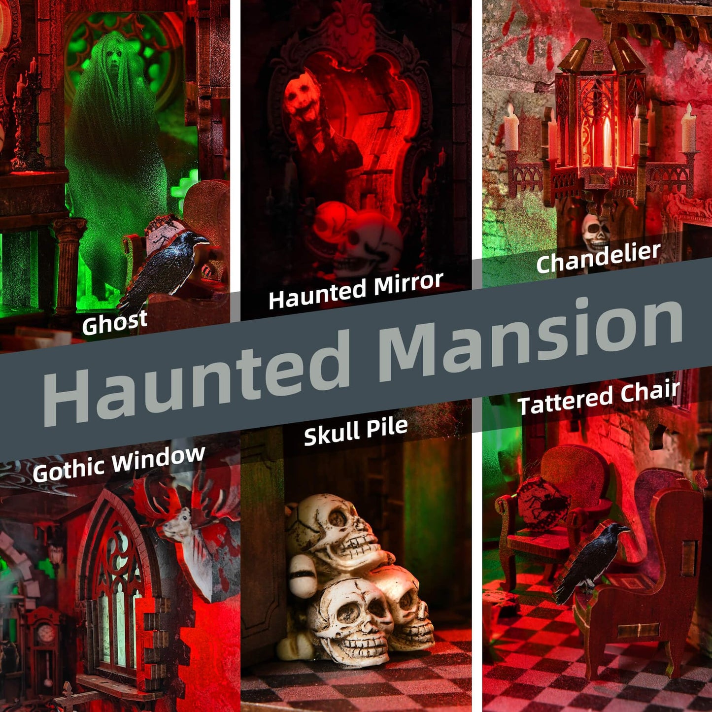 fifijoy Haunted House Halloween Book Nook Kit, Spooky Shelf Insert Bookshelf Diorama Horror Art Miniature Decor, Creepy Scary Wooden Puzzle Booknook (Haunted Mansion)