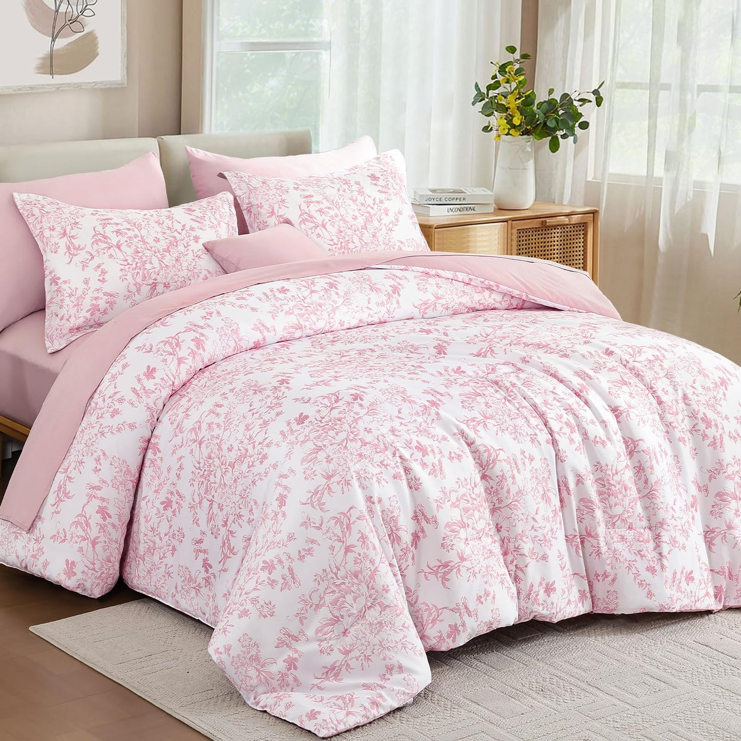 WONGS BEDDING Queen Size Comforter Set, 8 Pieces Pink Floral Bed in a Bag Comferter Sets, Botanical Print Soft Fluffy Microfiber Complete Bedding Sets for All Season (90"x90")