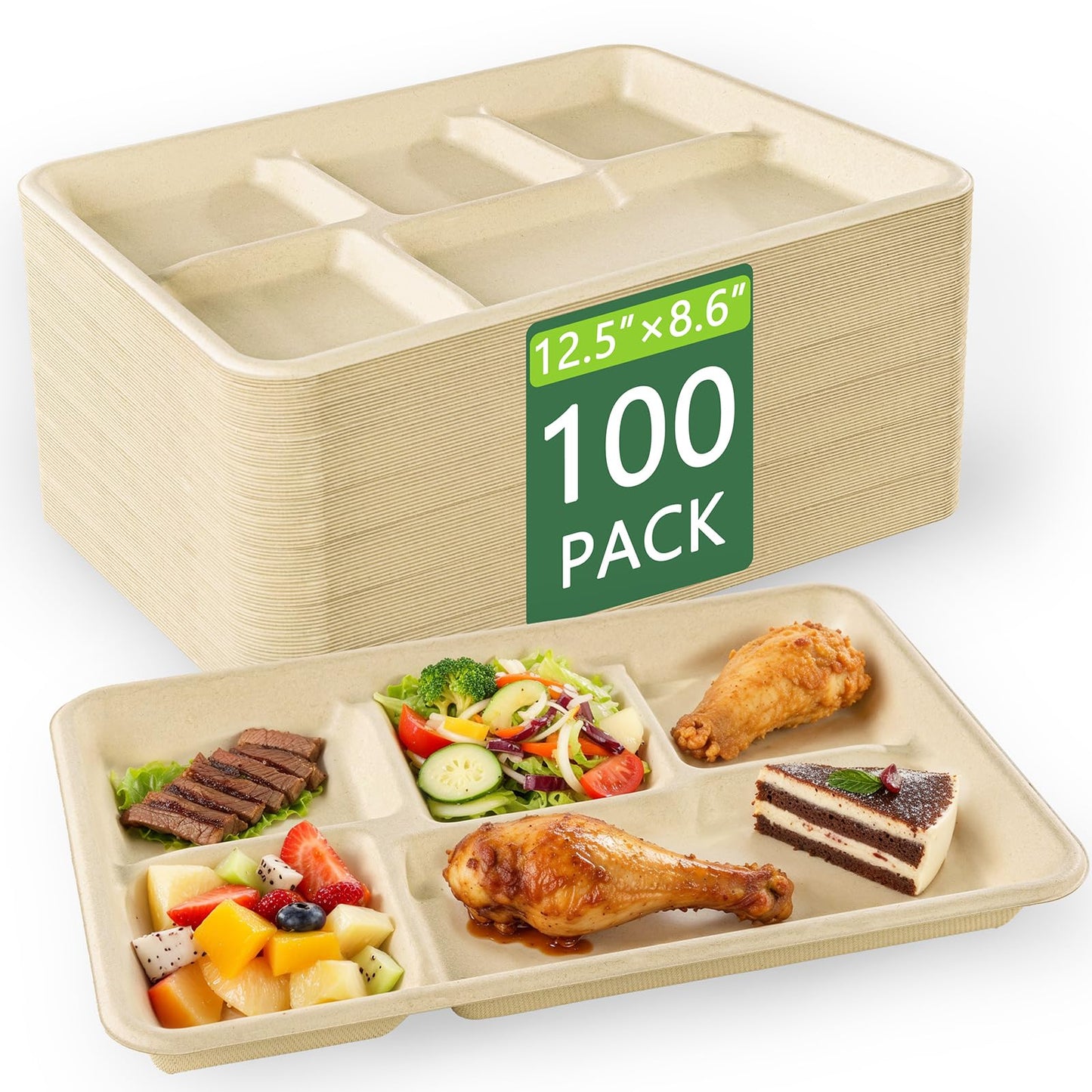 WELLIFE 100% Compostable 5 Compartment Paper Plates, 100 Pack Disposable School Lunch Trays Divided Plates for Adult Youth, 12.5 * 8.6 inch Heavy Duty Eco-Friendly Bagasse Plate for Buffet and Party