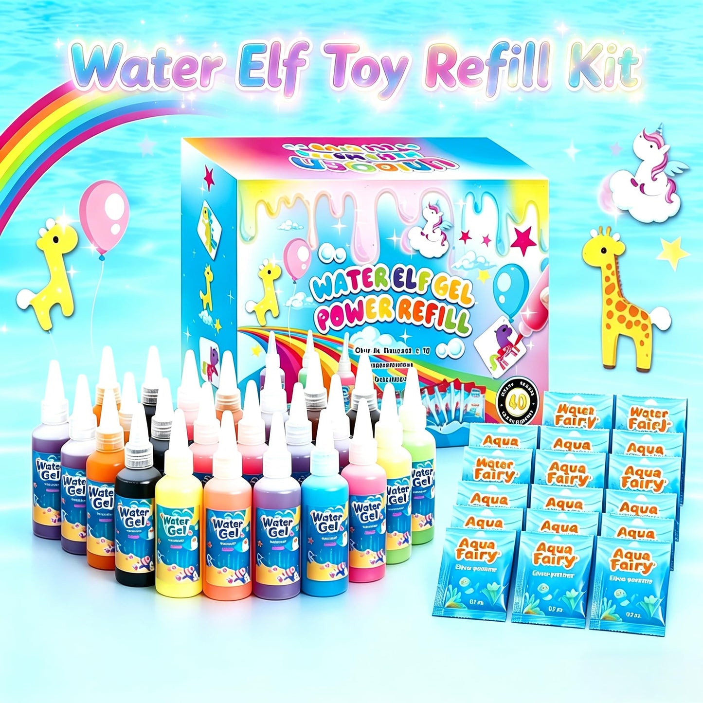 BSINHTIY Water Elf Toy Refill Kit, 40 Pack with Glow in the Dark, Sparkle, Pearl Color and Powder Refill, Provides Everything Young Artists Need to Fully Enjoy All Kinds of Fun.