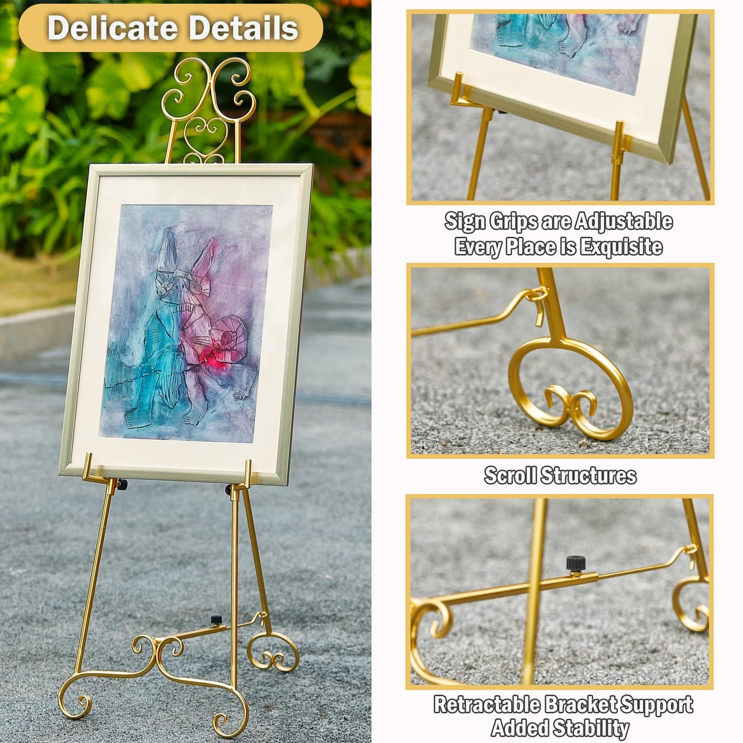 Metal Large Free Standing Adjustable Display Stand Scroll Easel with Chain Support, Gold Easel Stand for Sign, Heavy Duty Easel for Mirror, Wedding, Picture Frame (No Installation Required)