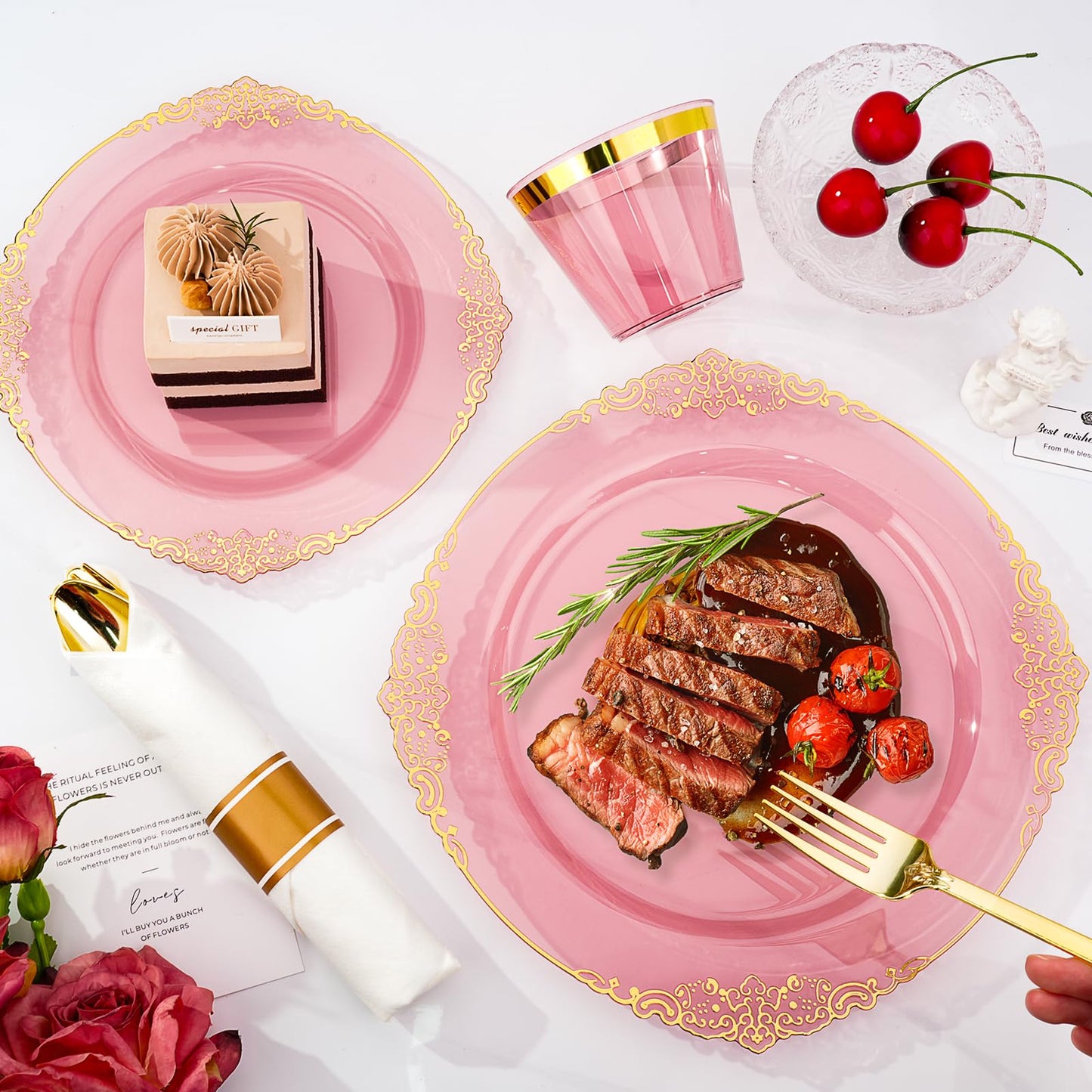 Bestluck 350 PCS Burgundy and Gold Plastic Plates, Disposable Dinnerware Set for 50 Guests, 100 Disposable Plates, 150 Silverwares, 50 Cups, 50 Napkins for Wedding, Party, Graduation