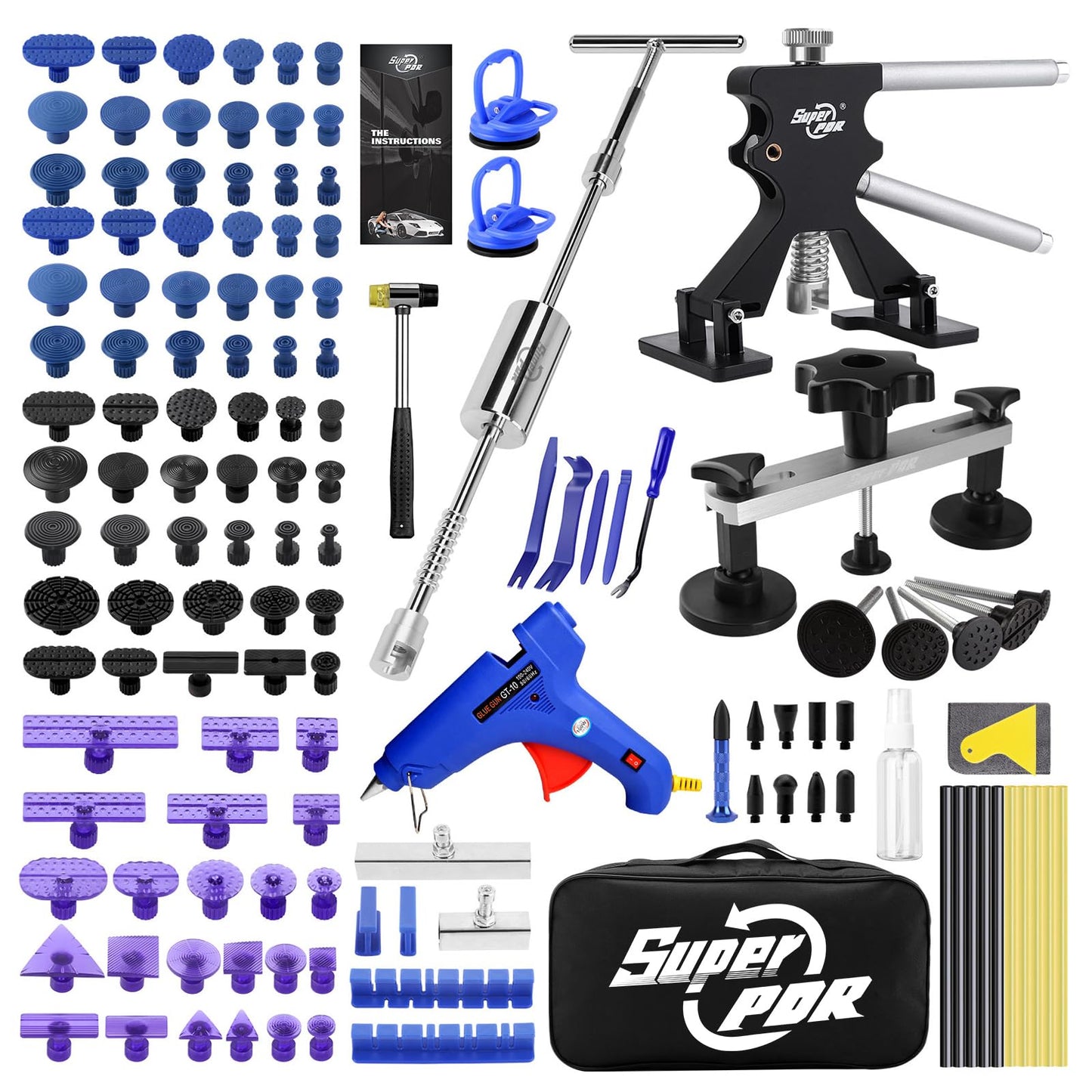 Super PDR Car Dent Repair Kit – Paintless Dent Puller Tool Set with 2 in 1 Slide Hammer, Glue Gun & New GlueTabs – No Paint Damage DIY Dent Remover for Door Dings, Hail, Hood & Fender Dents